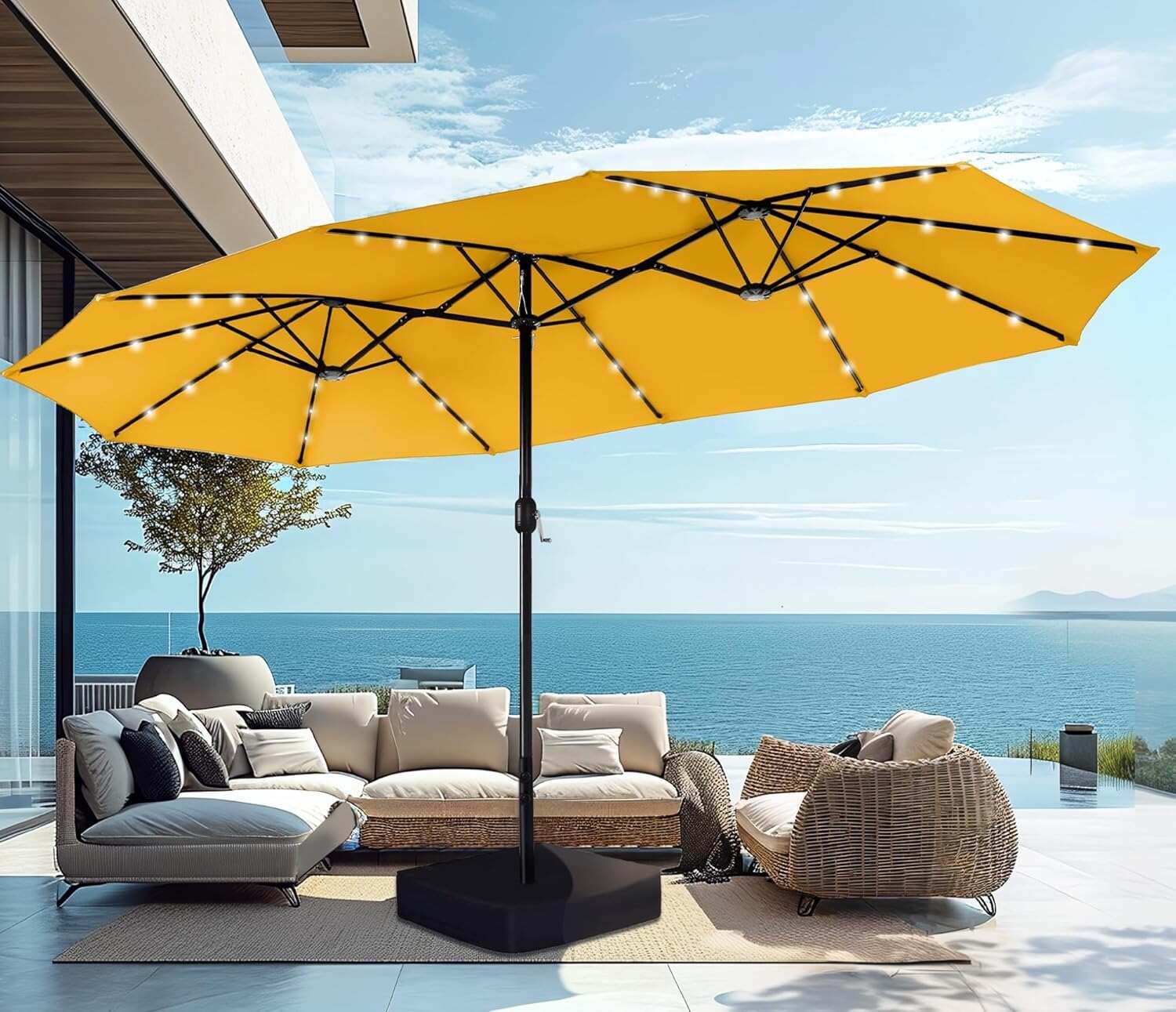 15ft Double-Sided Rectangular Patio Umbrella with Solar LED Lights & Base
