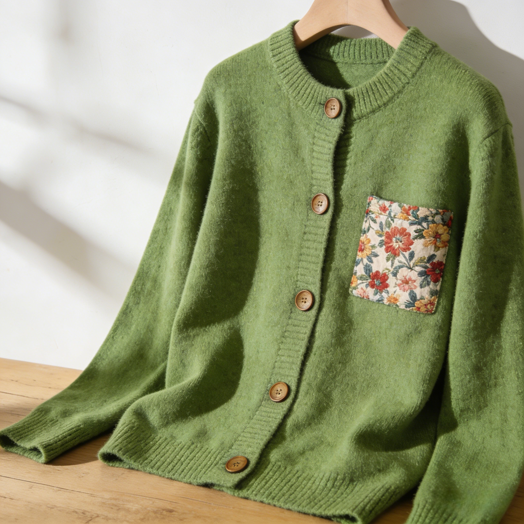 Floral Green Button Pockets Cotton Knit Coats Long Sleeve