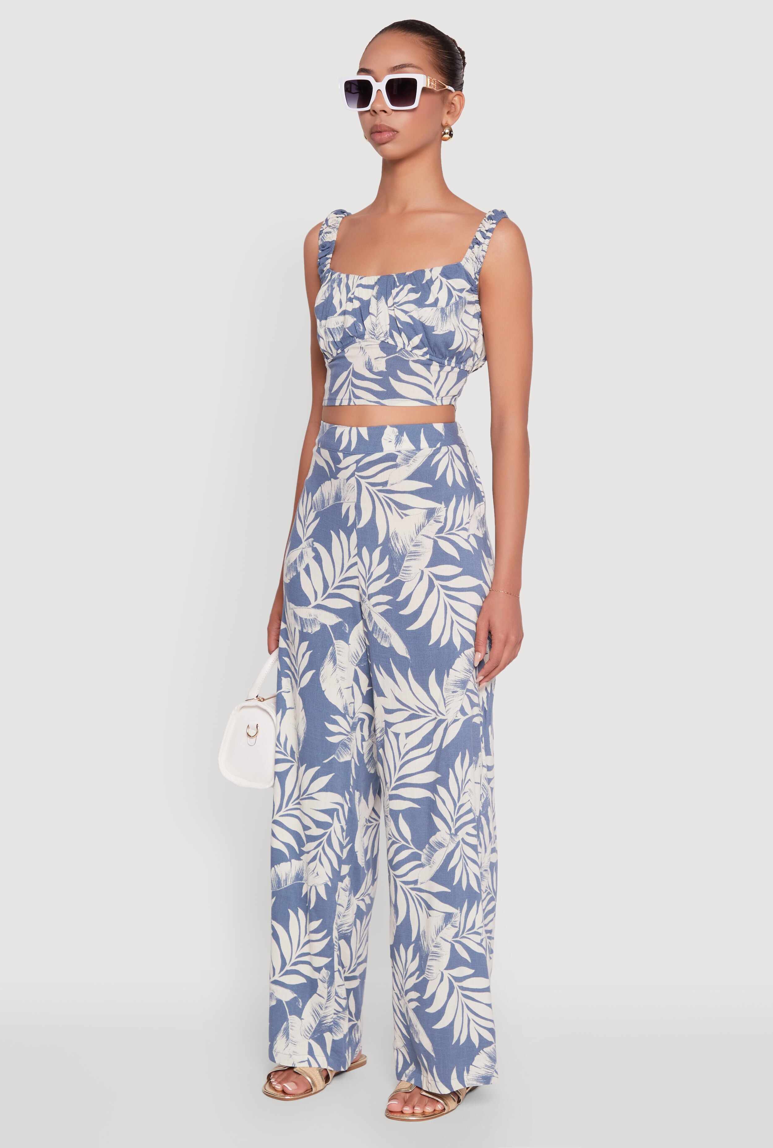 Iris Sleeveless Leaf Print Scoop Neck Crop Top