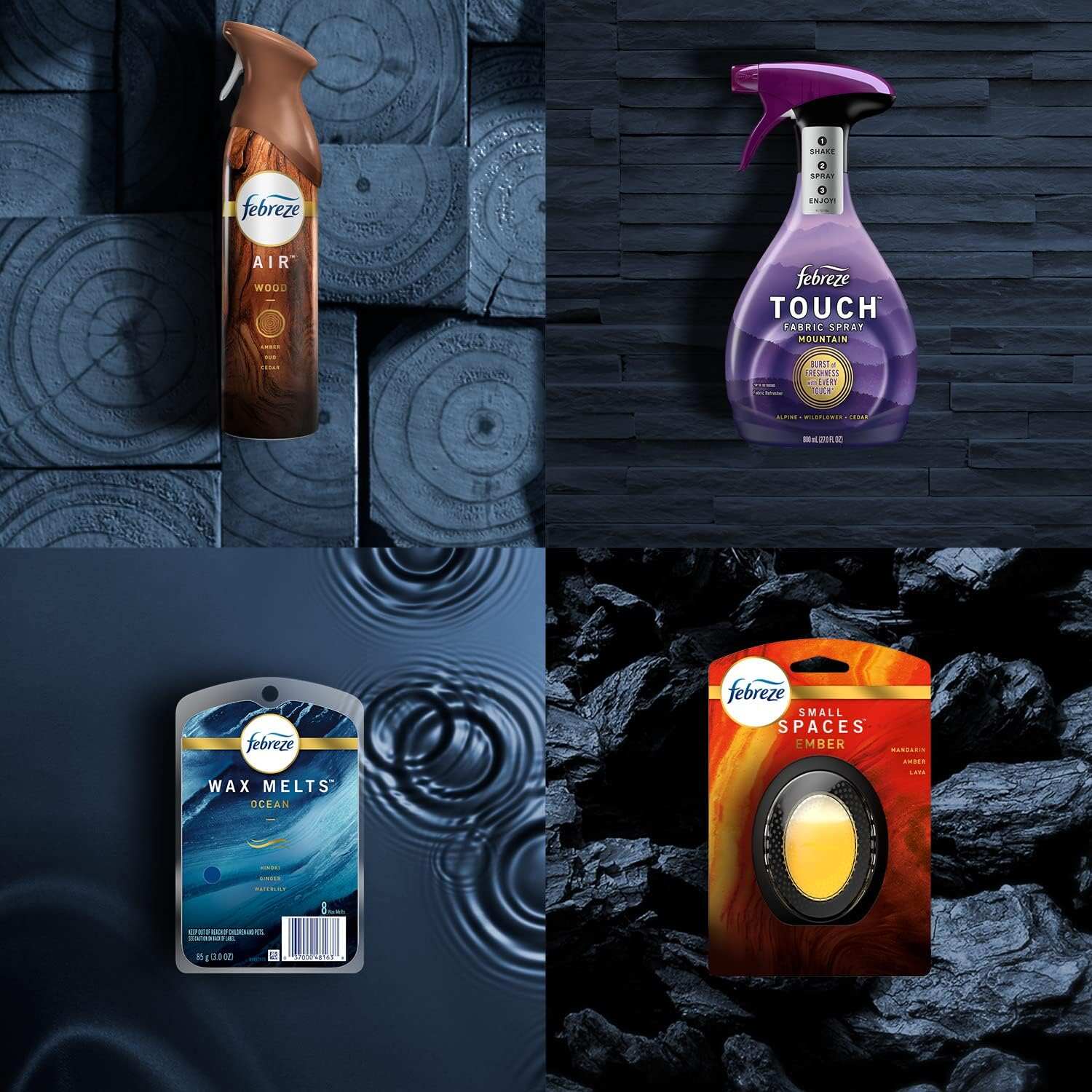 Febreze Odor-Fighting Fade Defy PLUG Air Freshener, Mountain, Ocean, Amber, (3) .87 fl. oz. Oil Refills