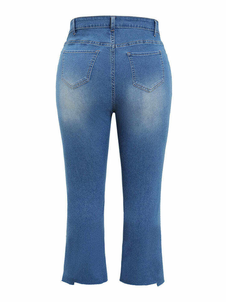 Bootcut Very Stretchy High Rise Medium Wash Distressed Hem  Jeans