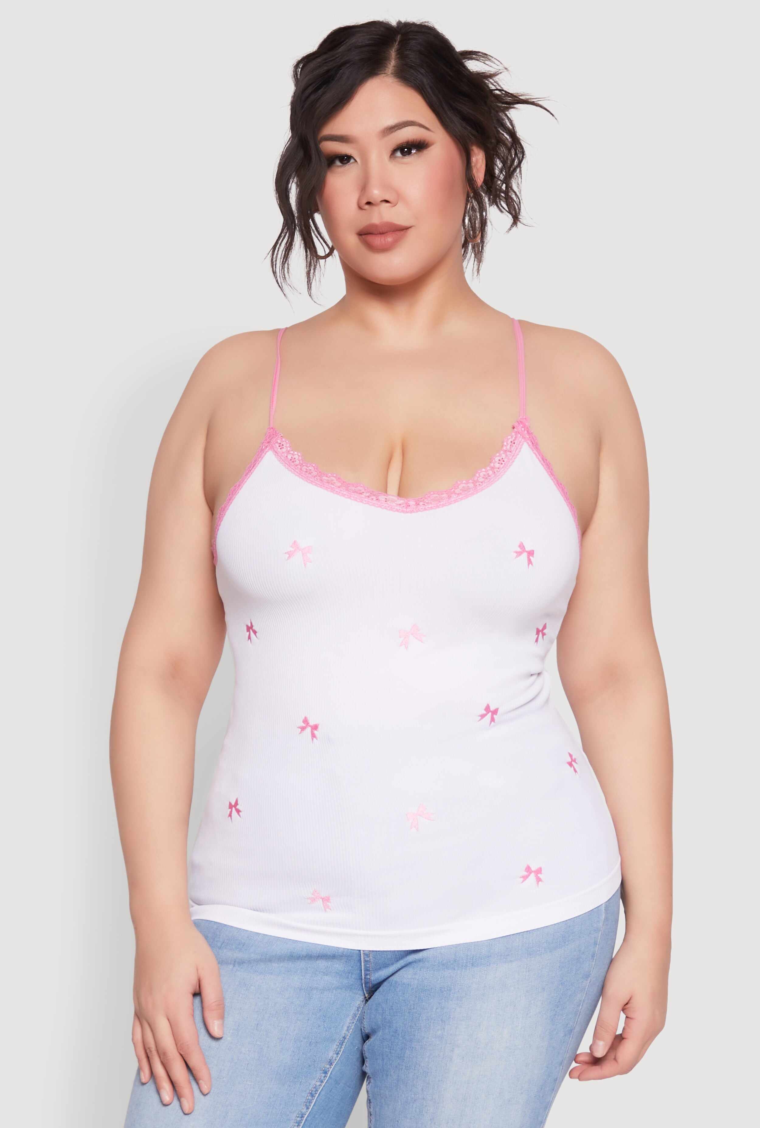 Plus Size Bow Embroidered Lace Trim Cami