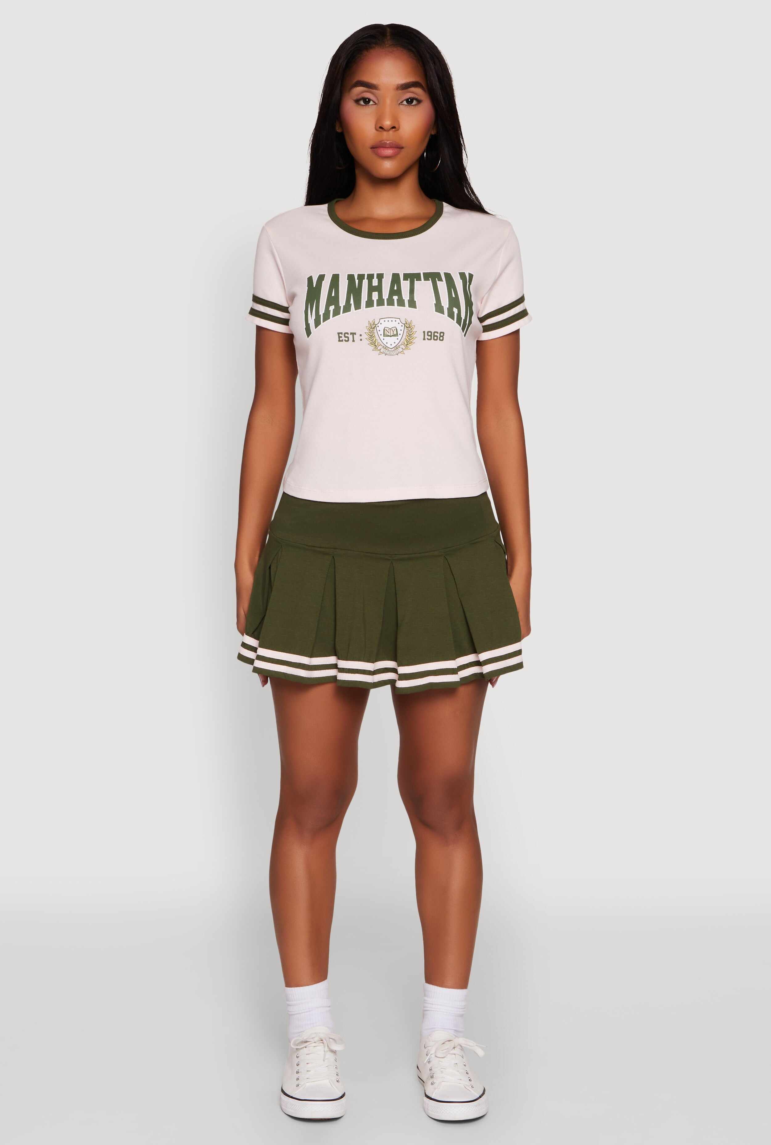 Varsity Stripe Drop Waist Pleated Skirt