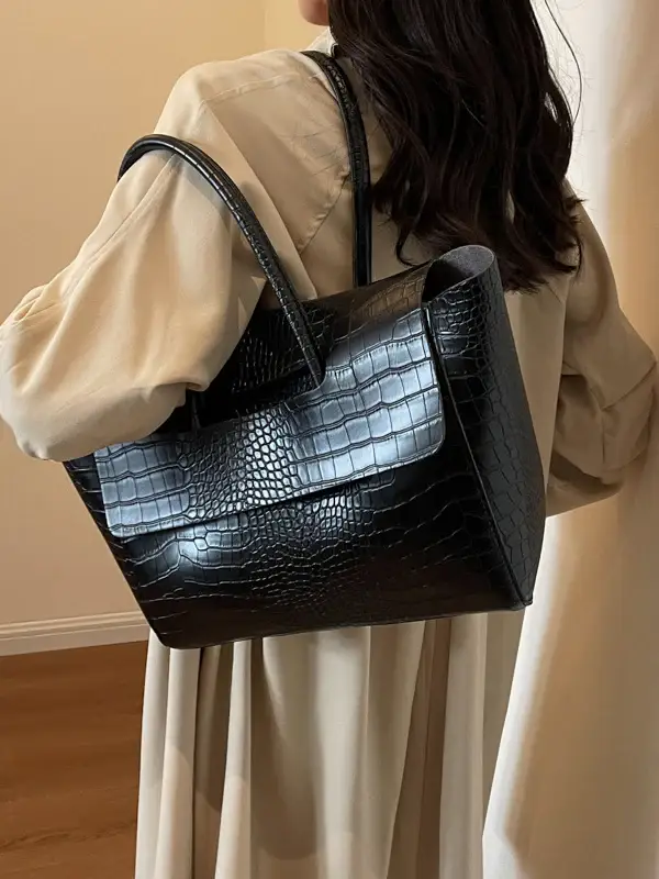Croc-Embossed Leather Tote Bag
