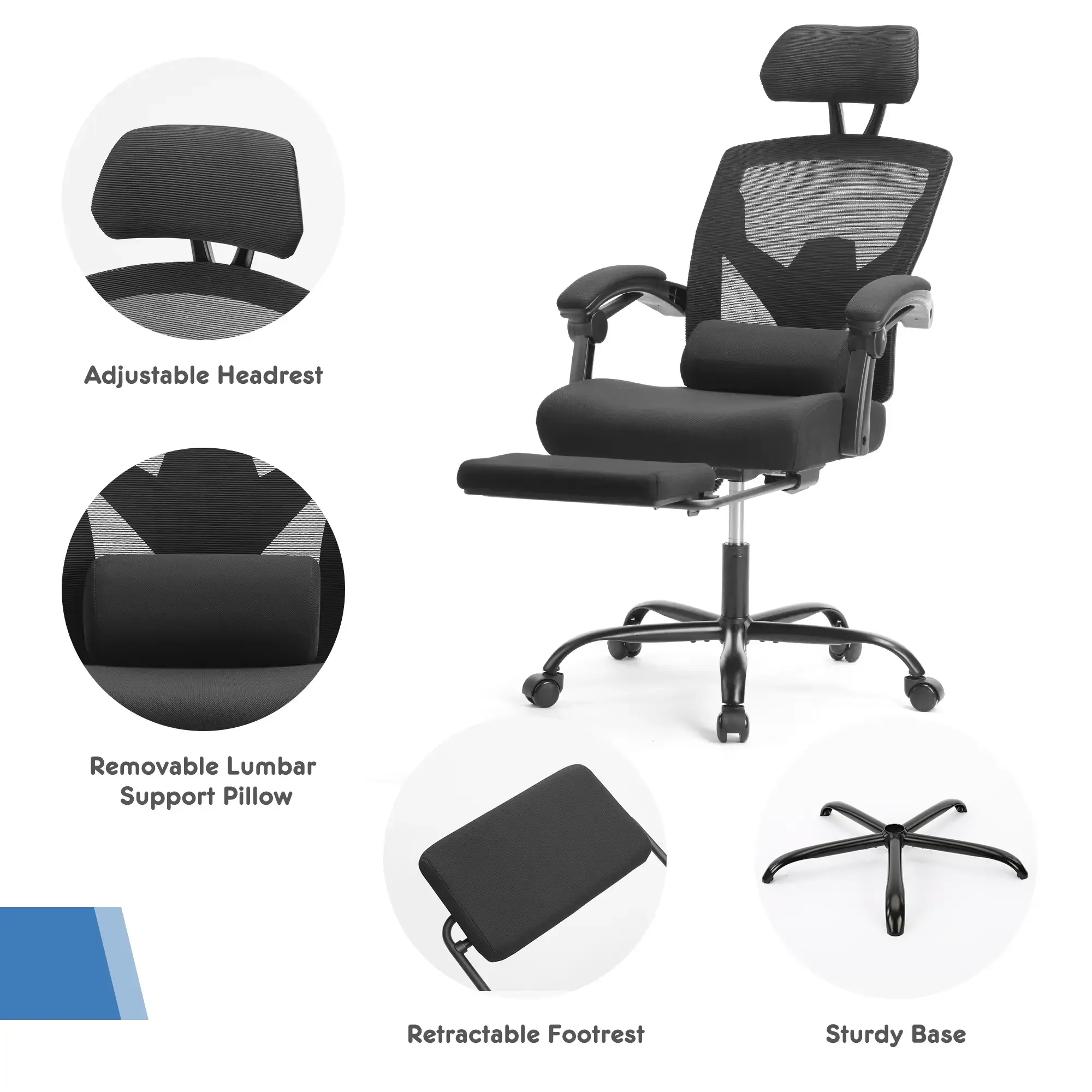 Height Adjustable High Back Ergonomic Office Chair with Lumbar Pillow & Retractable Footrest,  Padded Armrests and Adjustable Headrest