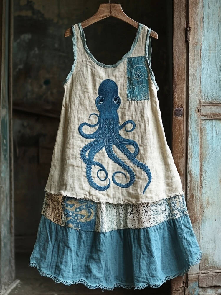 Octopus Embroidered Patchwork Art Linen Blend Dress