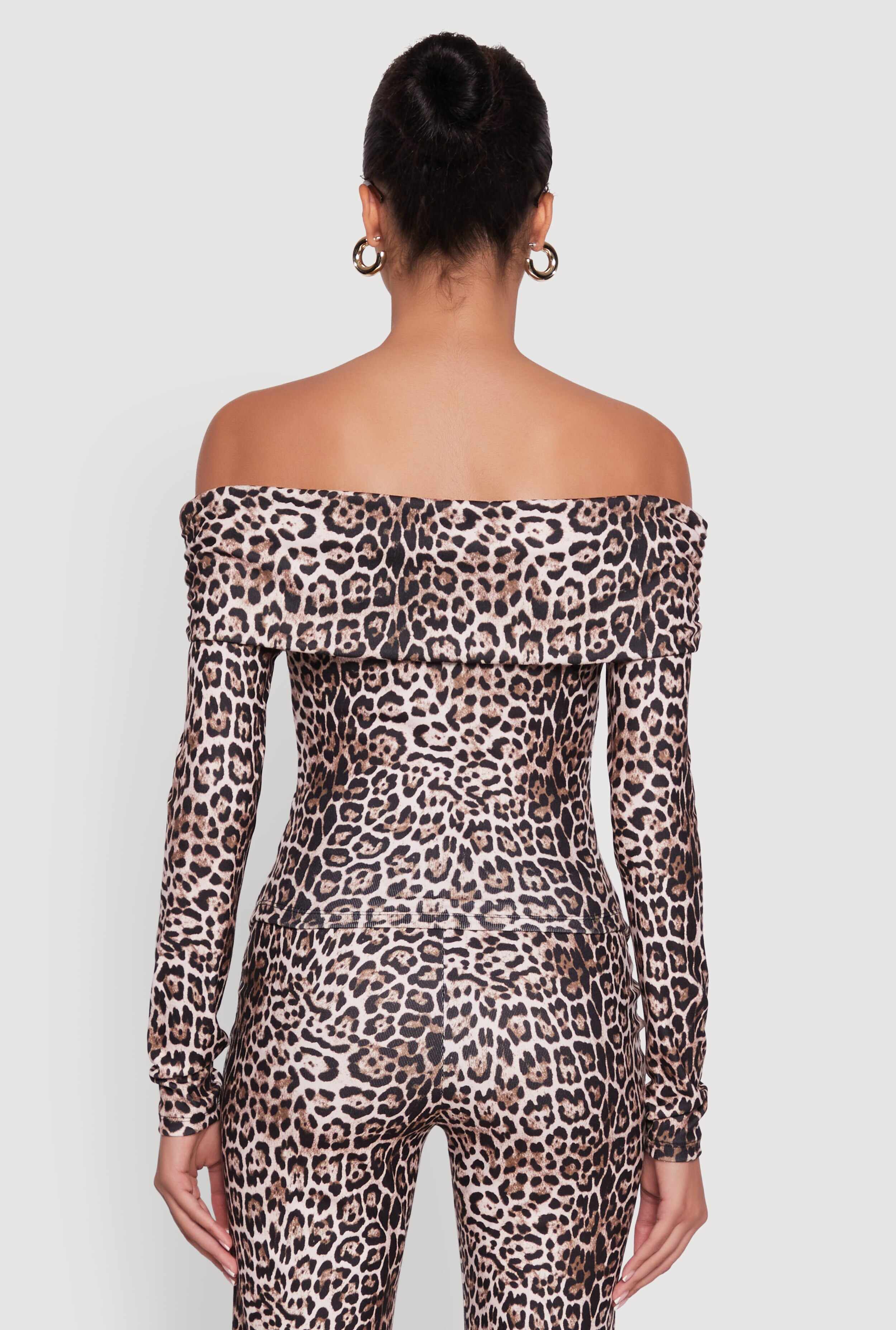Haute Monde Jaguar Print Fold Over Off The Shoulder Top