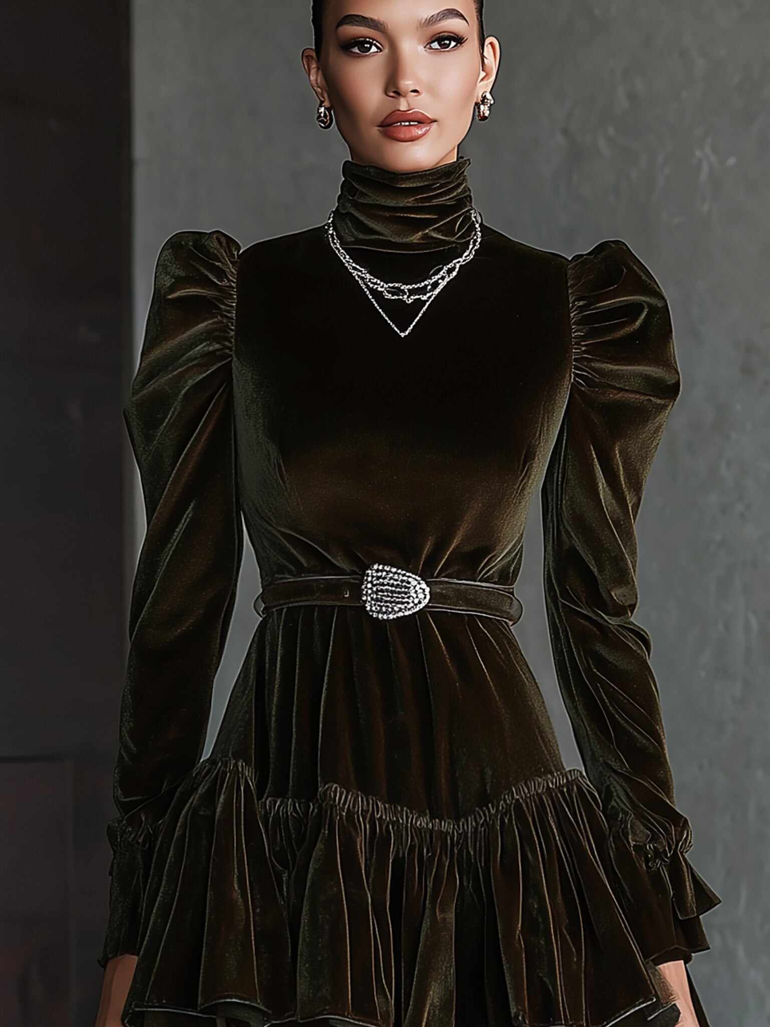 Emerald Velvet High Neck Puff Sleeve Mini Dress