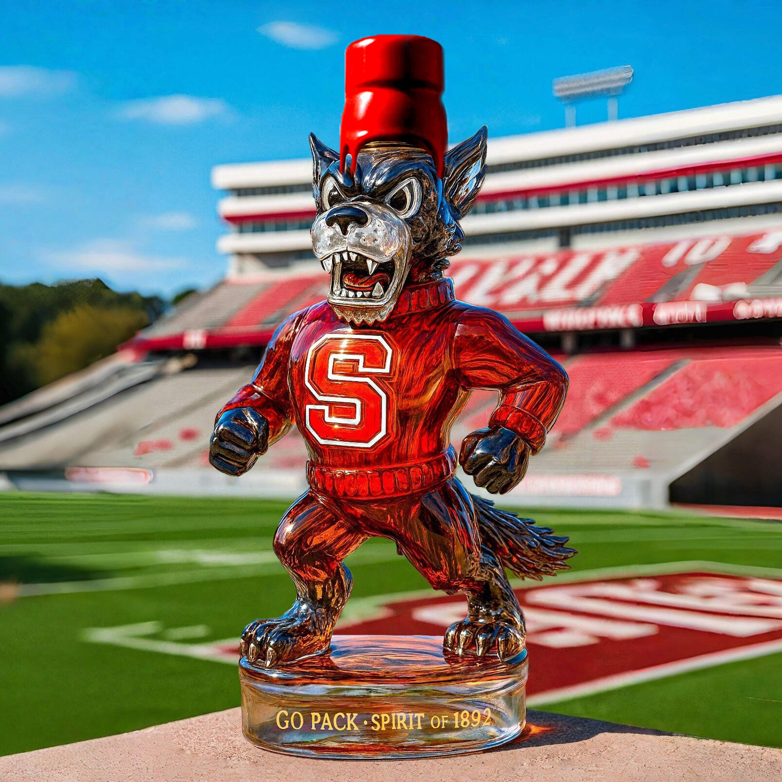 Wolfpack Spirit NCSU Tuffy Whiskey Sculpture Bottle