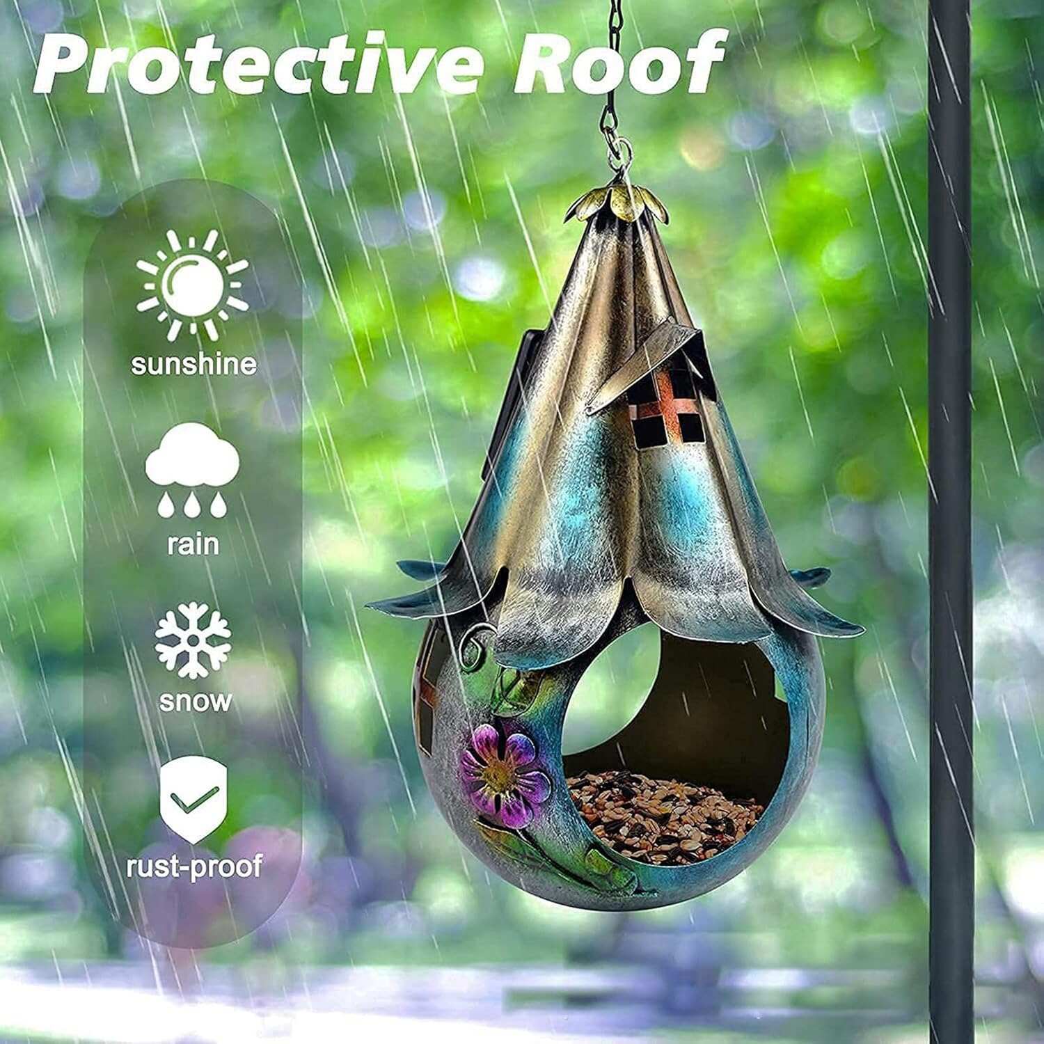 Solar Powered Hanging Pendant Iron Art Bird Feeder Decorative Weatherproof for Yard Outside Outdoor