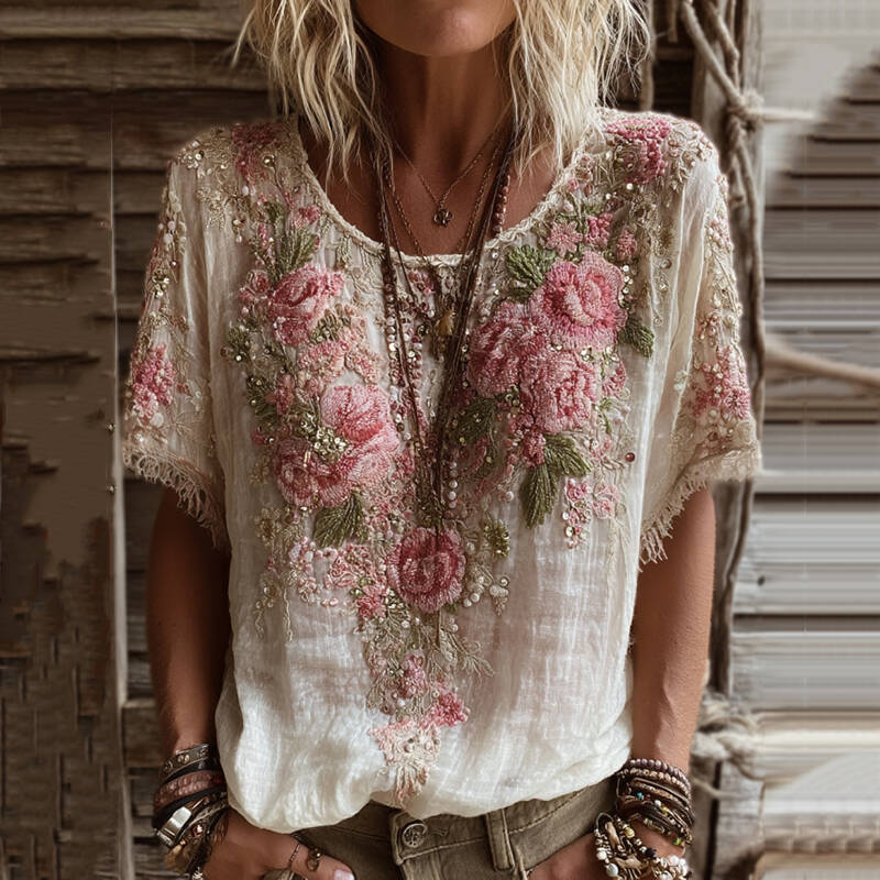 Women's Pink Rose Embroidery Art Round Neck Short Sleeve Linen Blend T-shirt