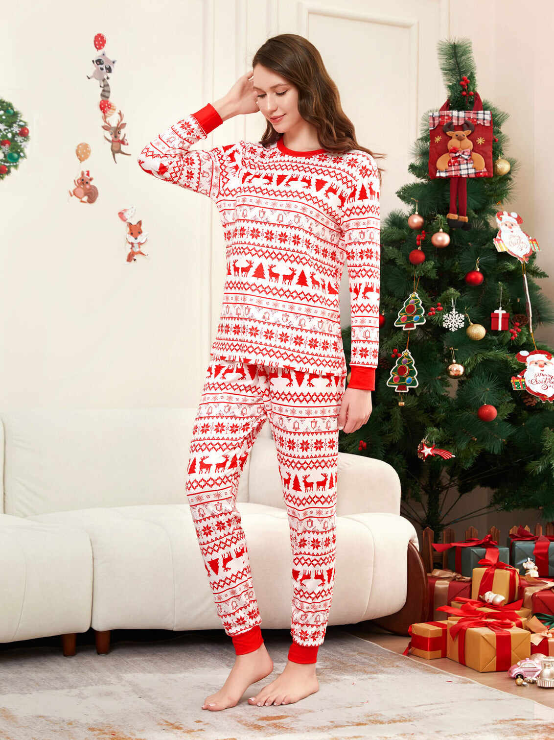 Moose Cartoon Printed Family Matching Christmas Pajamas Sets