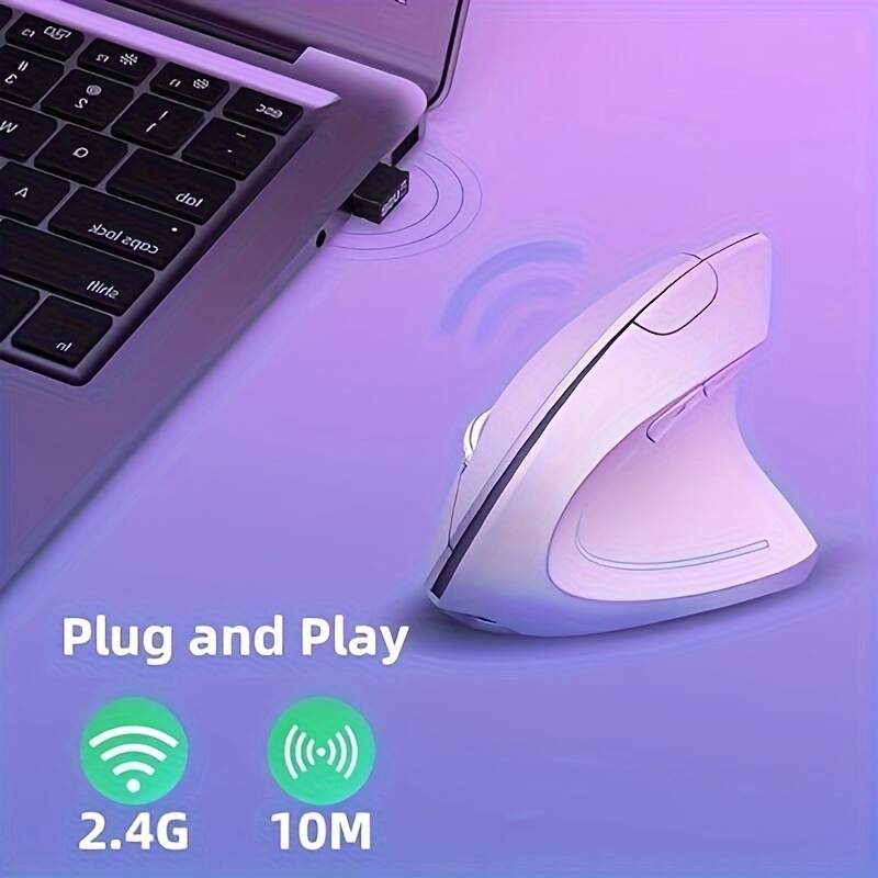 Ergonomic Wireless Mouse, Purple Rechargeable Vertical Mouse With USB Receiver, 6 Buttons For Laptops (Purple, Right Handed)