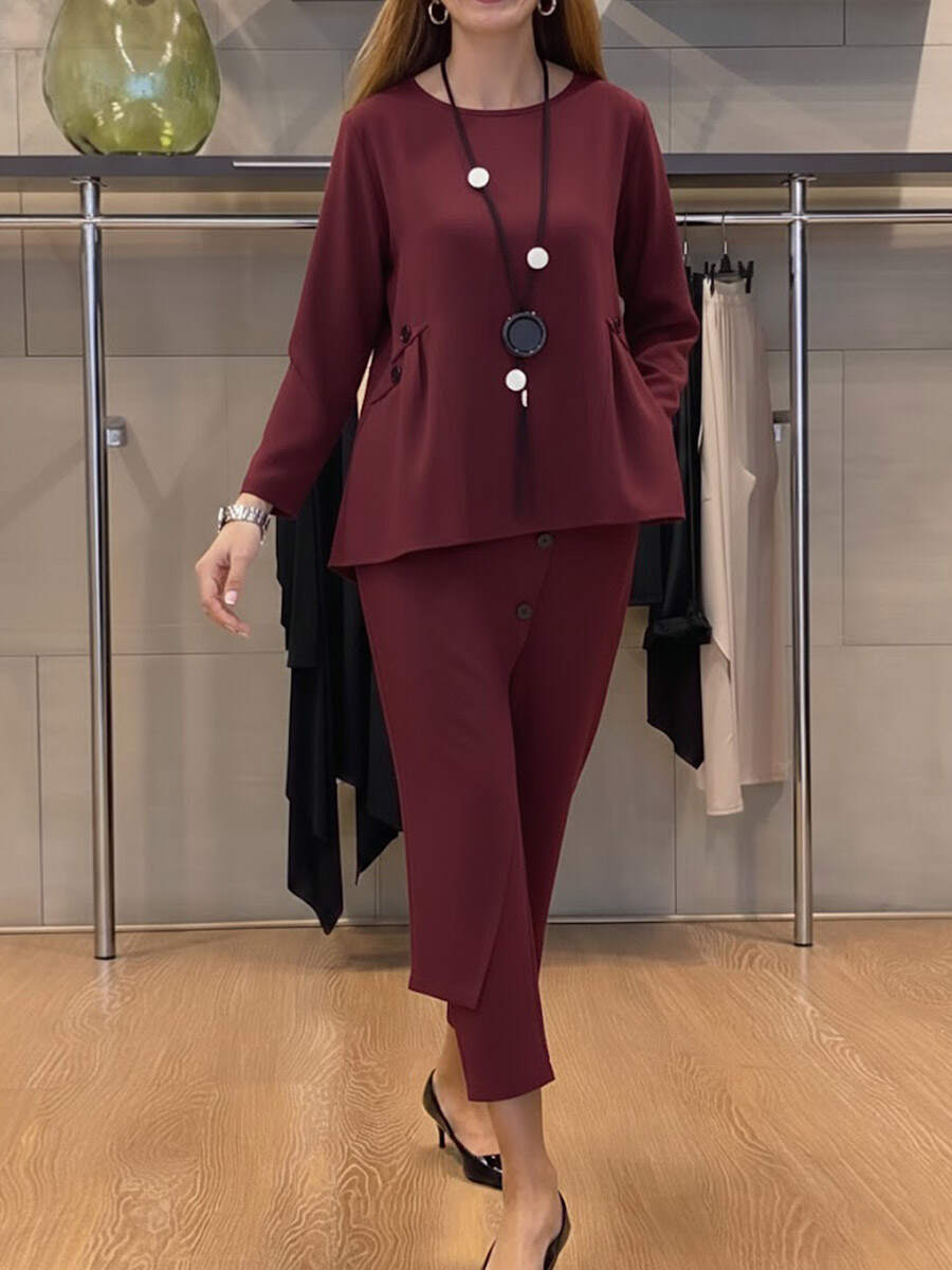 🔥Summer Arrivals🌟Women's Solid Color Round Neck Long Sleeve Casual Loose Top And High Waist Casual Loose Wide Leg Pants Cotton Set