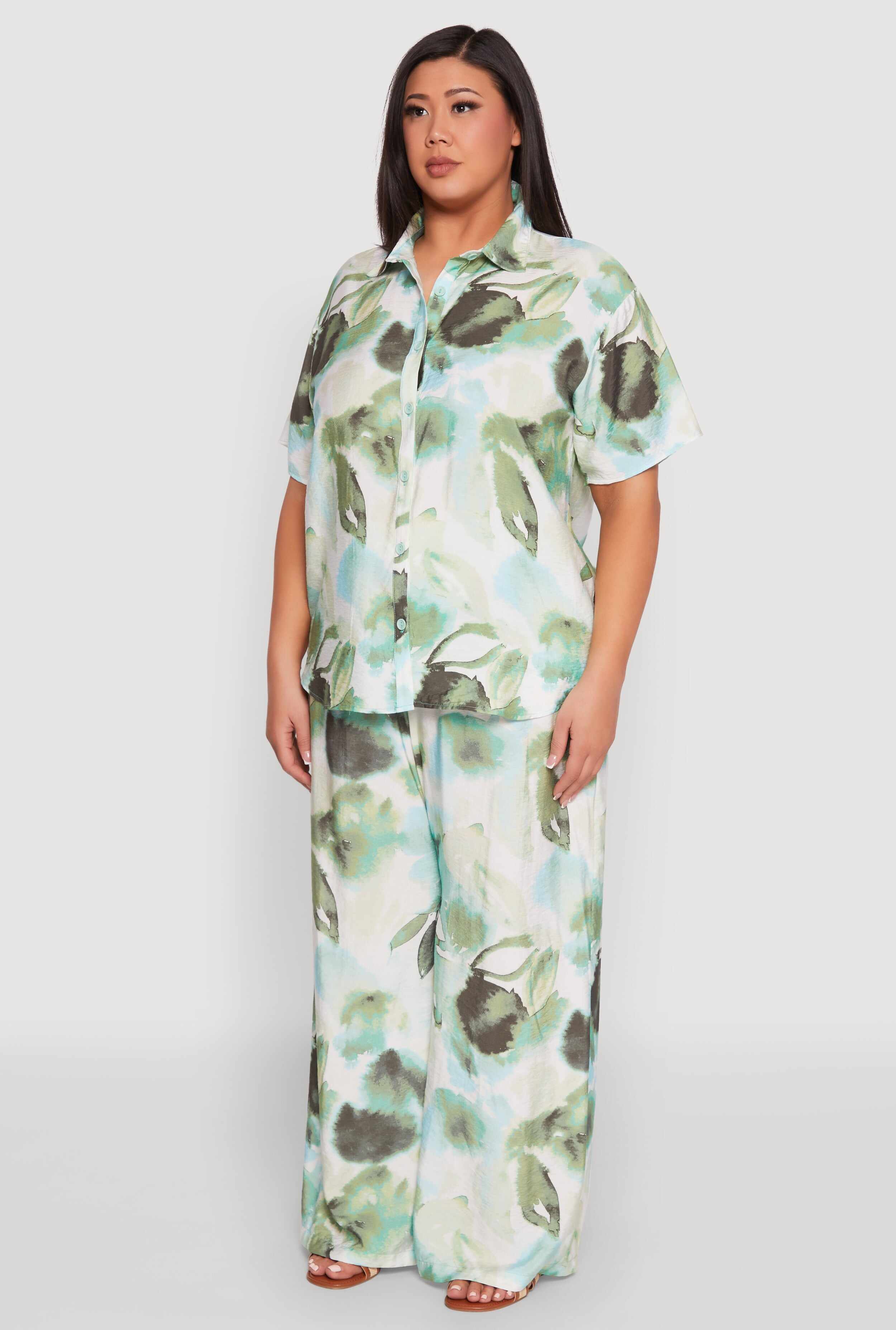 Plus Size Abstract Leaf Print Blouse
