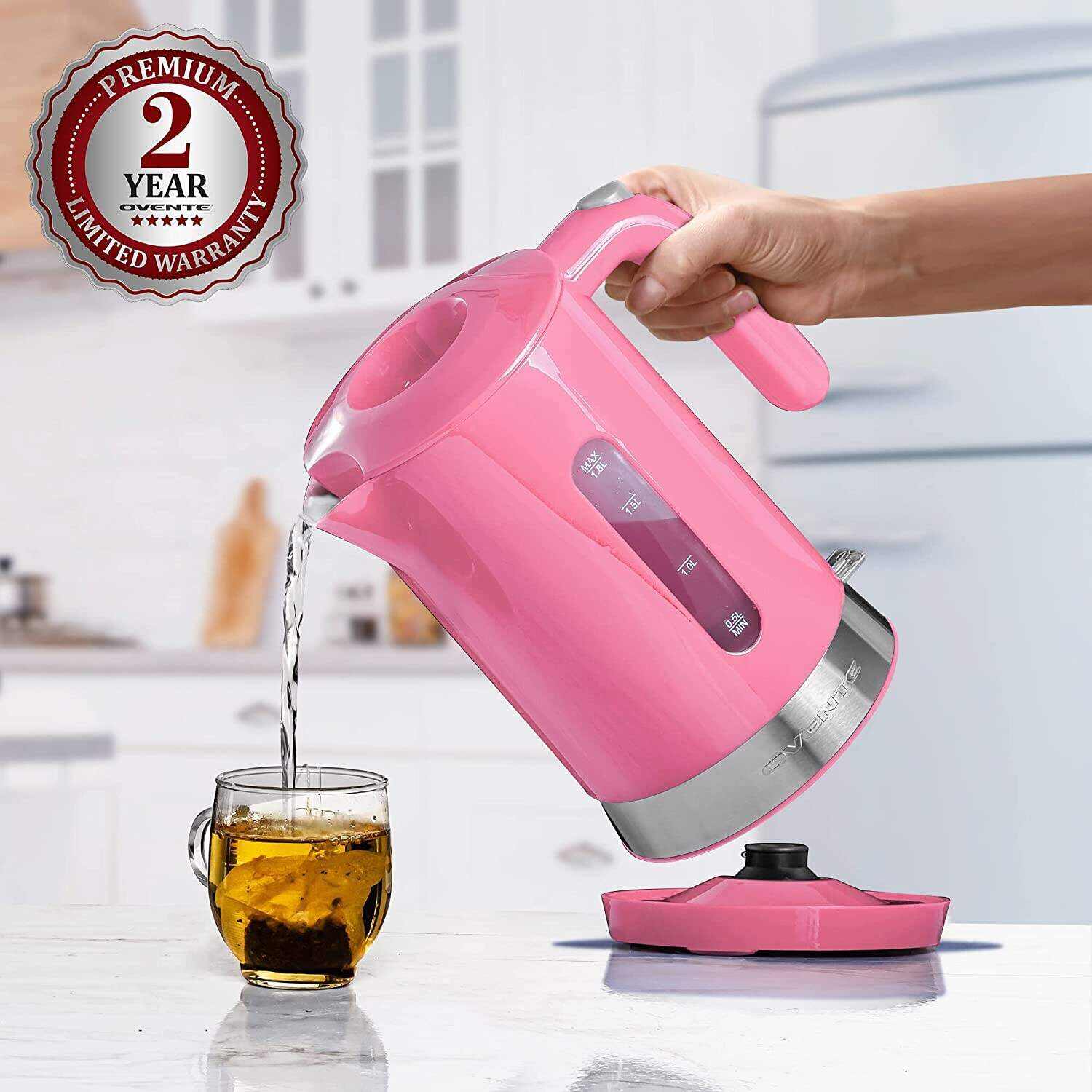 OVENTE Electric Kettle Hot Water Heater 1.7 Liter - BPA Free Fast Boiling Cordless Water Warmer - Auto Shut Off Instant Water Boiler for Coffee & Tea Pot - White KP72W