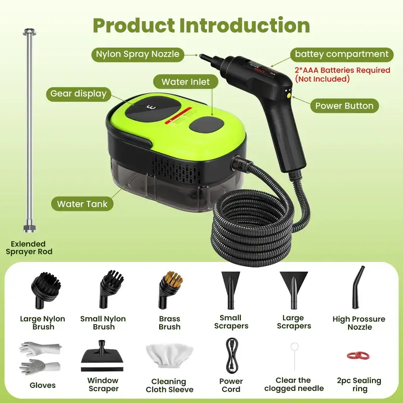 Household and car steam cleaner, 1500W power, 3-Level Adjustable, 1.4L large-capacity water tank, comes with 15 accessories, handheld steam cleaner, suitable for fine cleaning of cars, kitchen grease, tile grout cleaning, and furniture cleaning.