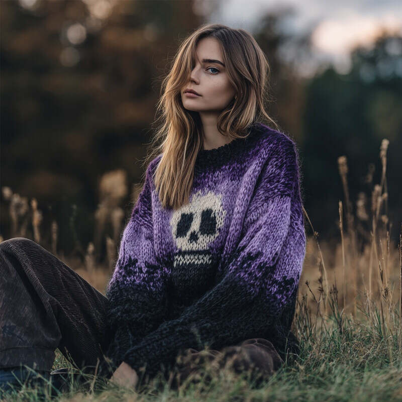 Halloween Skull Pattern Purple Gradient Cozy Knit Sweater