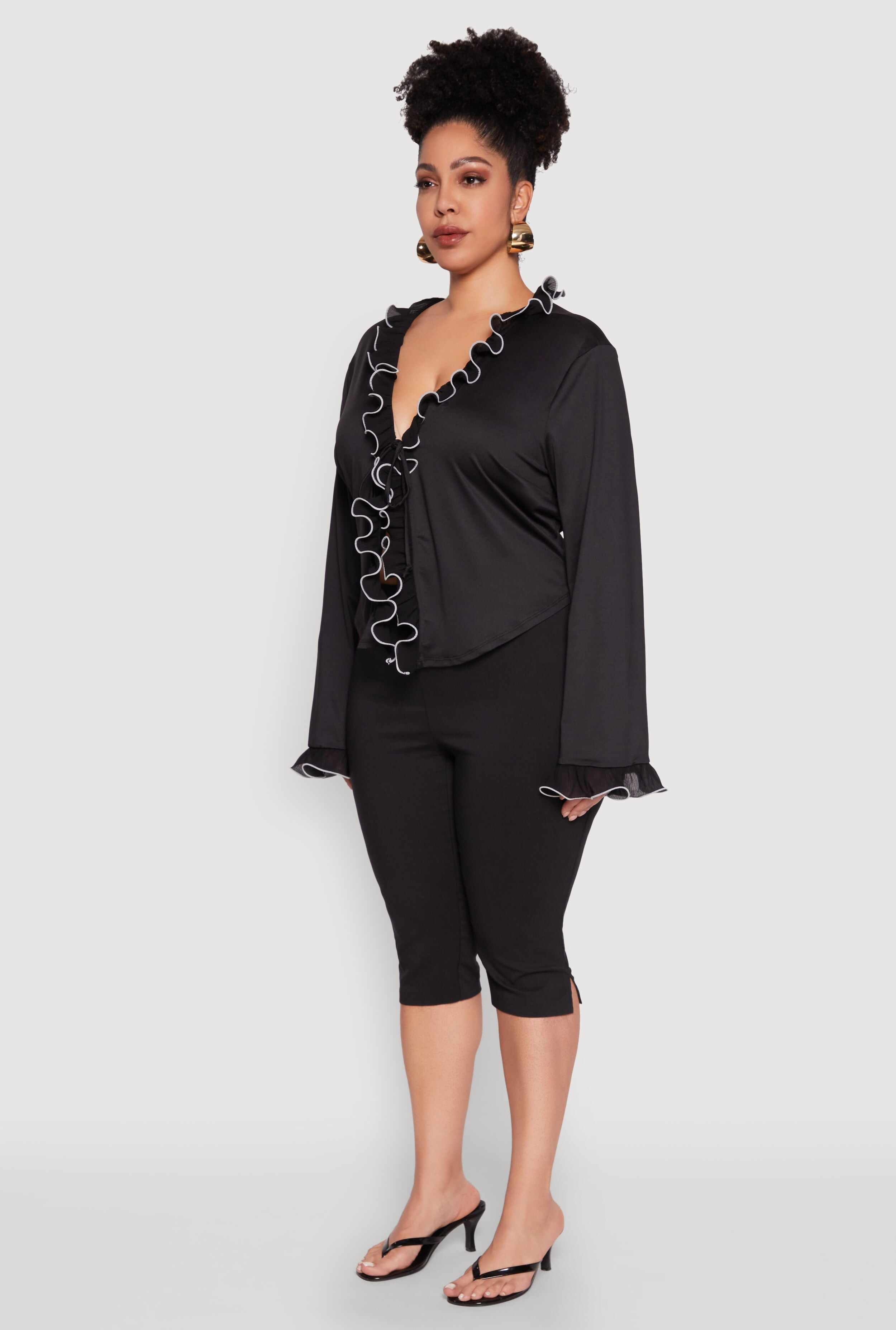 Plus Size Ruffle Trim Tie Front Blouse