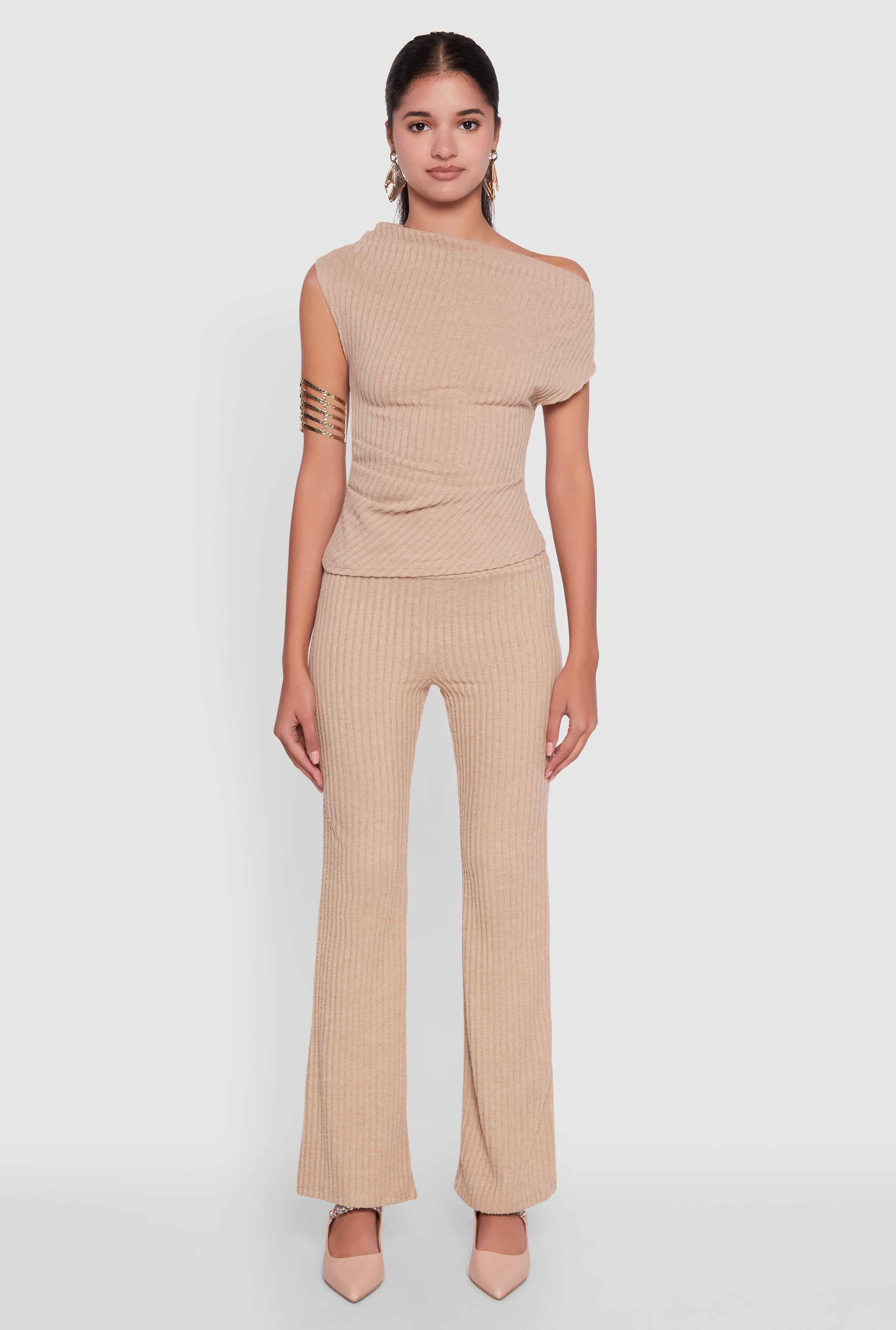 Ribbed Knit Solid One Shoulder Blouse