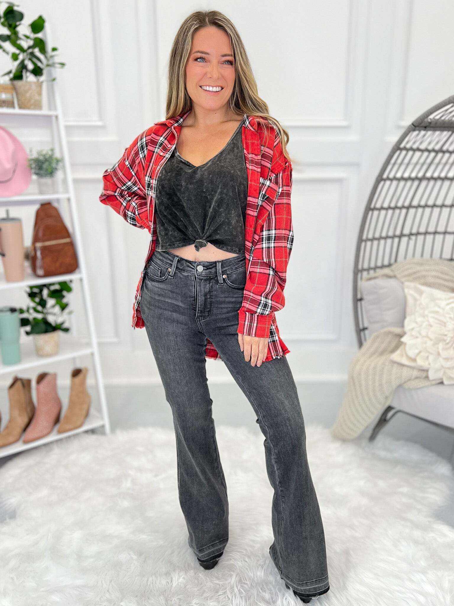 Double Dipped - Christmas Shadow Hem Flare Jeans- Final Sale