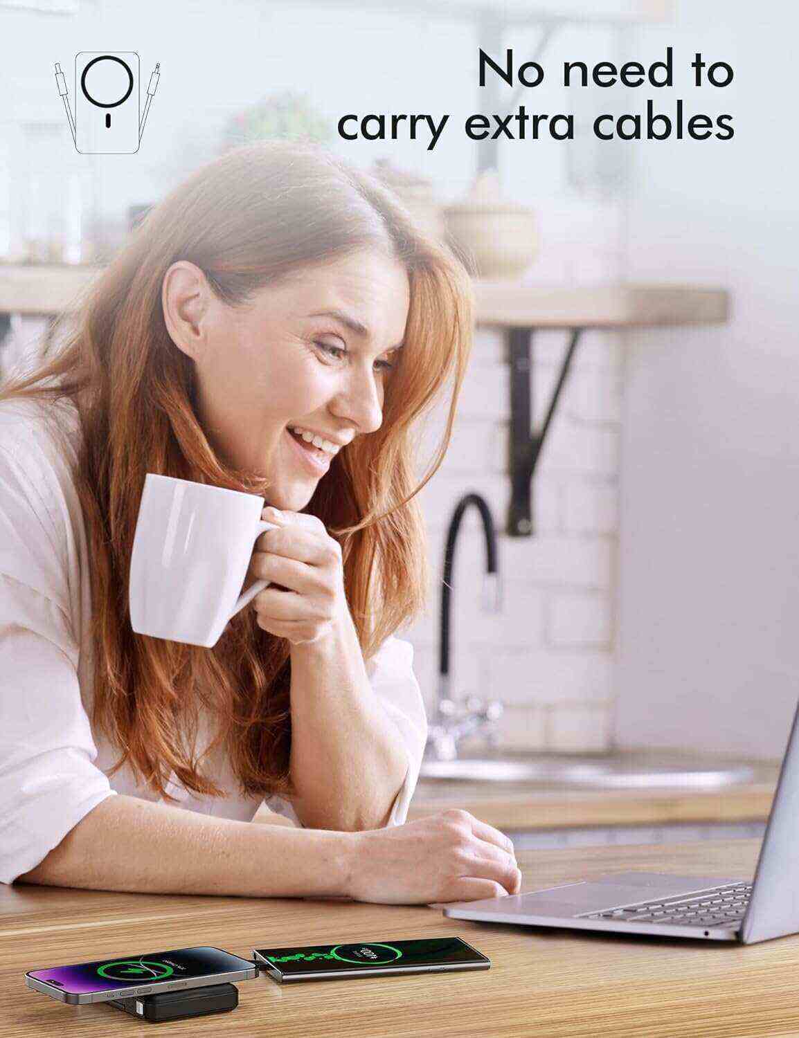 podoru Wireless Portable Charger, 10000mAh Magnetic Power Bank Built-in USB-C Lighting Cables 22.5W PD Fast Charging LED Display Mag-Safe Battery Pack for iPhone 15/14/13/12/Mini/Pro/Pro Max - White