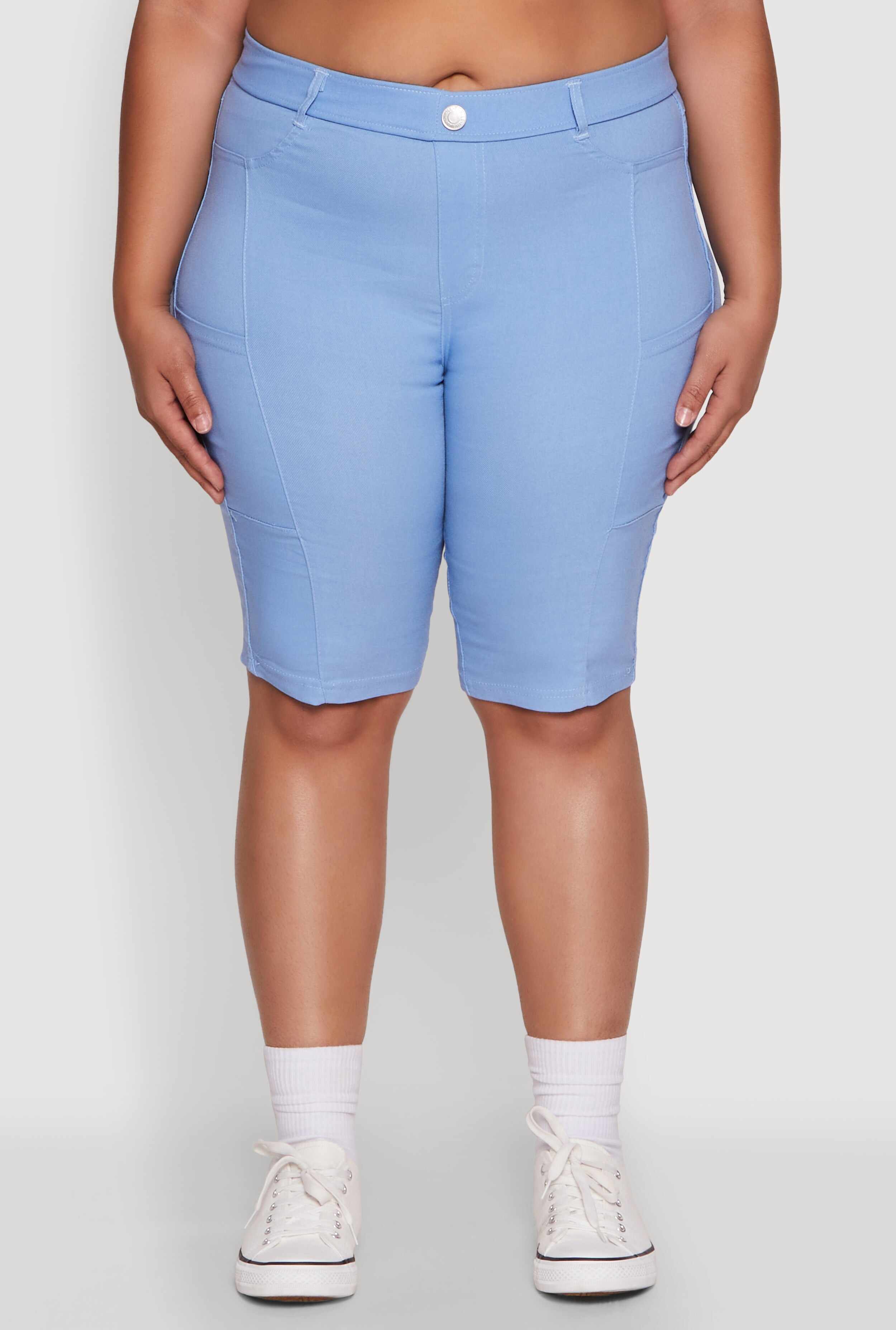 Plus Size Stylish Snatched High Waist Bermuda Shorts with Faux Buttons