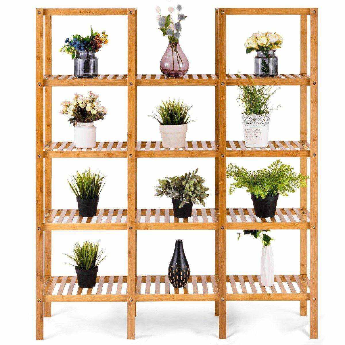 5 Tier Multifunctional Bamboo Shelf Rock Plant Display Stand (12 Pots)