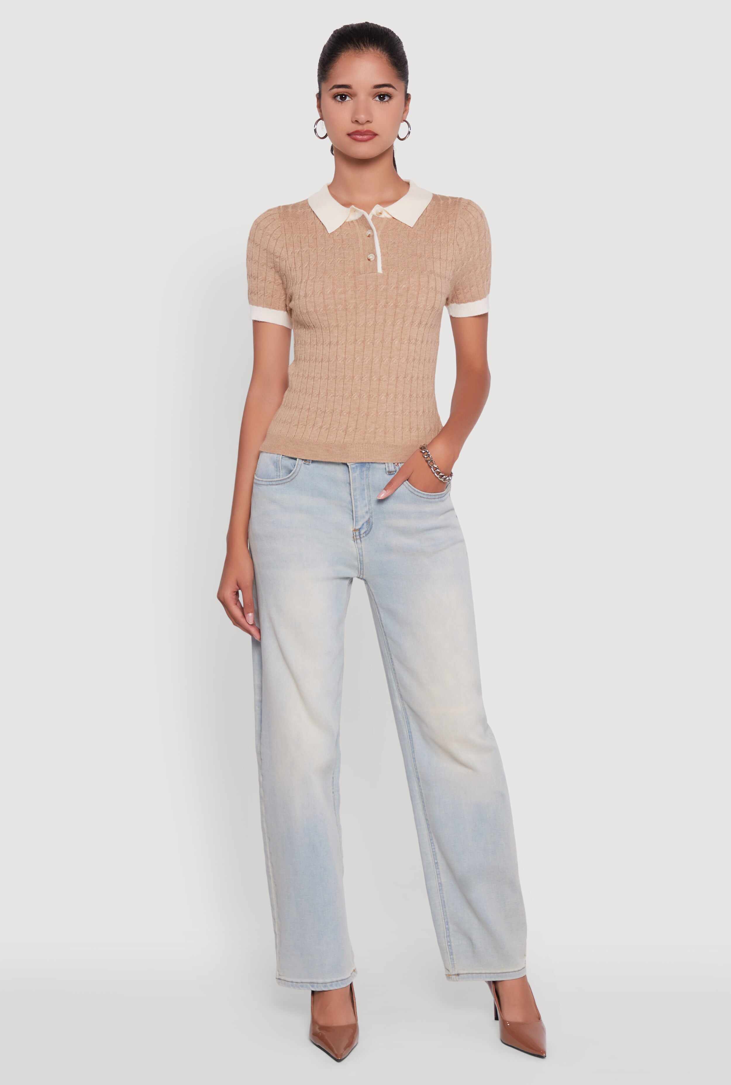 Contrast Trim Cable Knit Sweater Polo