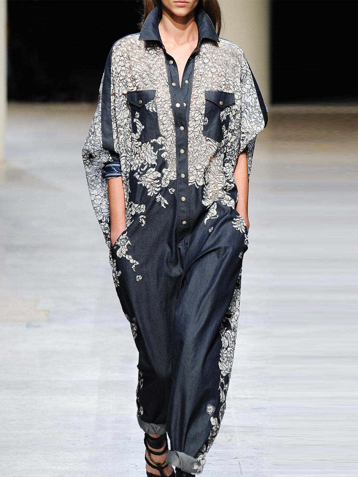 Fashion Floral Lapel Collar Long Sleeve Pocket Jumpsuit