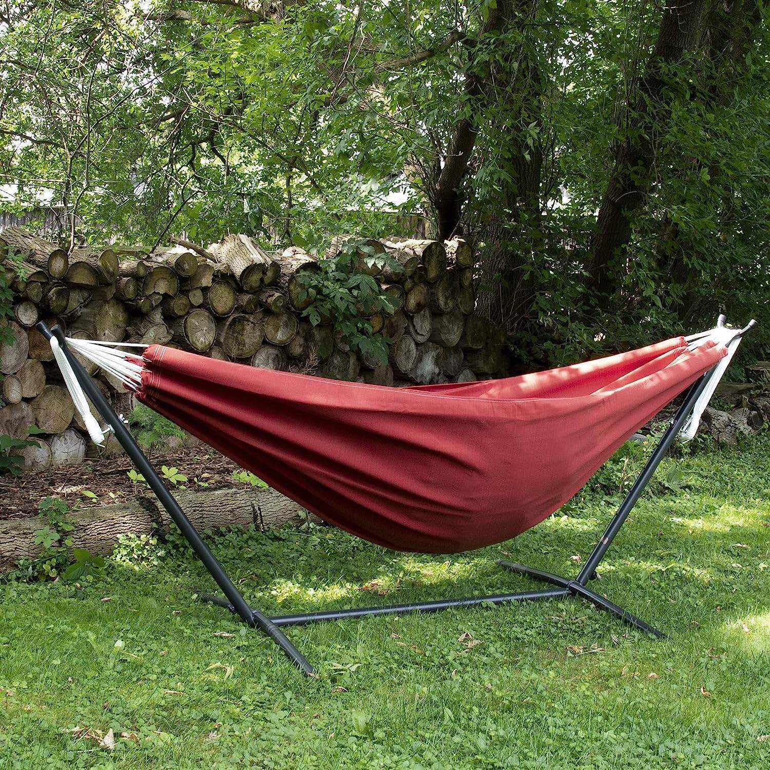Double Cotton Hammock with Space Saving Steel Stand, Tropical (450 lb Capacity - Premium Carry Bag Included)