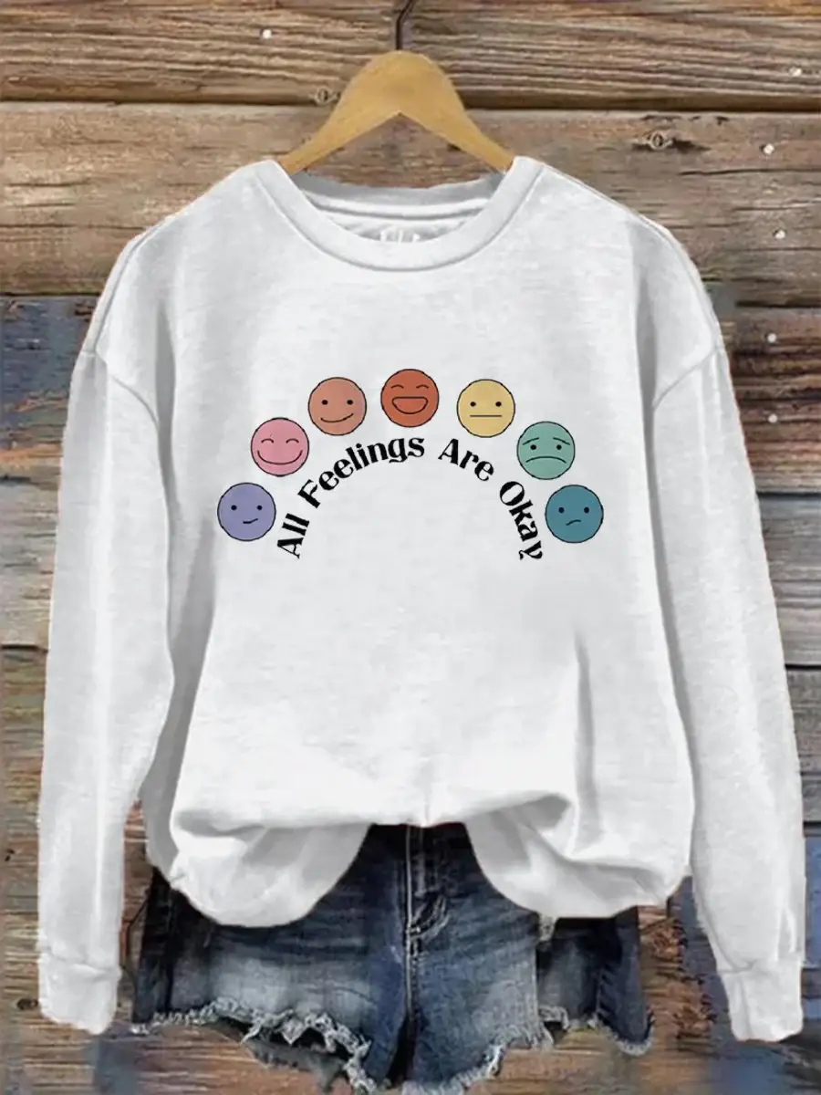 All Feelings Are Okay Mental Health Awareness Pattern Print Casual Sweatshirt