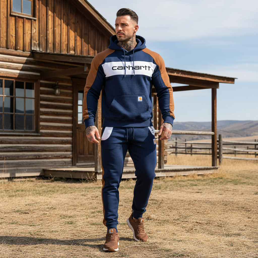 Men's Vintage Navy Blue Color Block Pocket Hoodie And Sweatpants Jogger Set