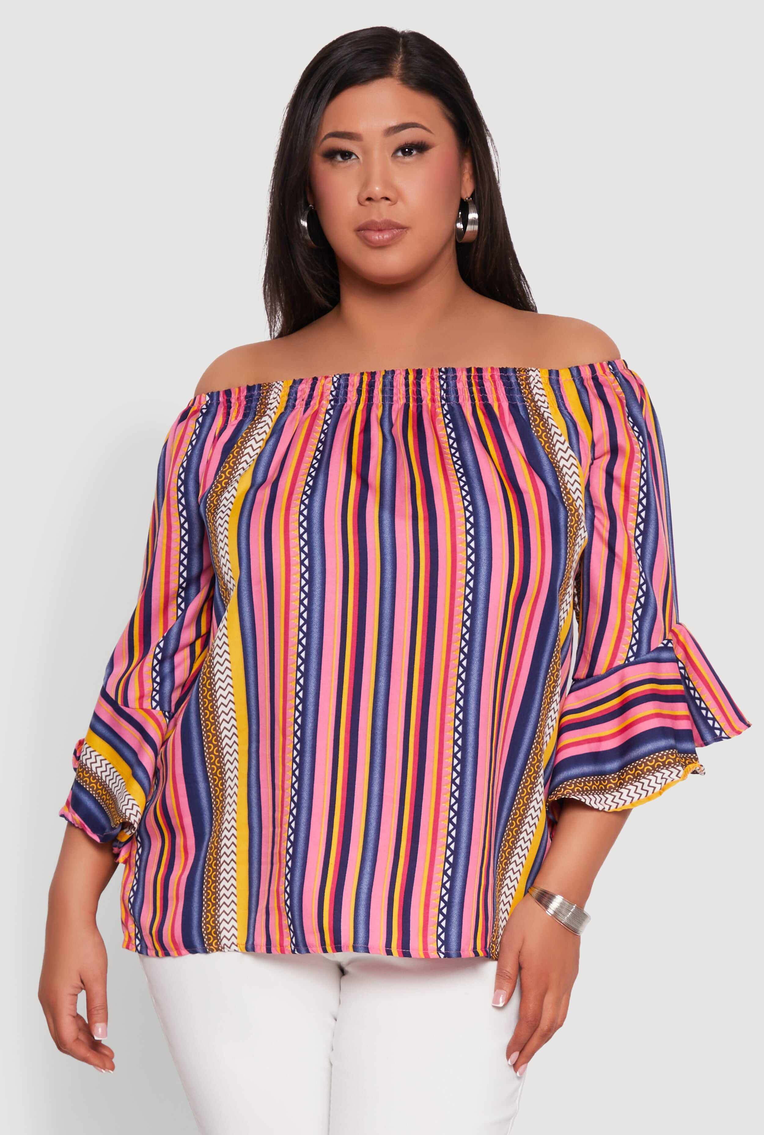Plus Size Striped Off The Shoulder Blouse