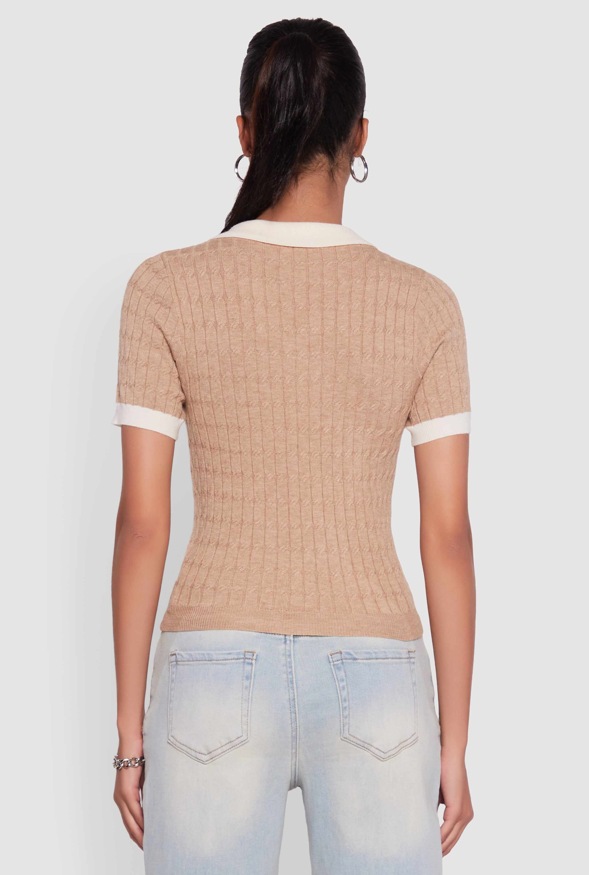 Contrast Trim Cable Knit Sweater Polo
