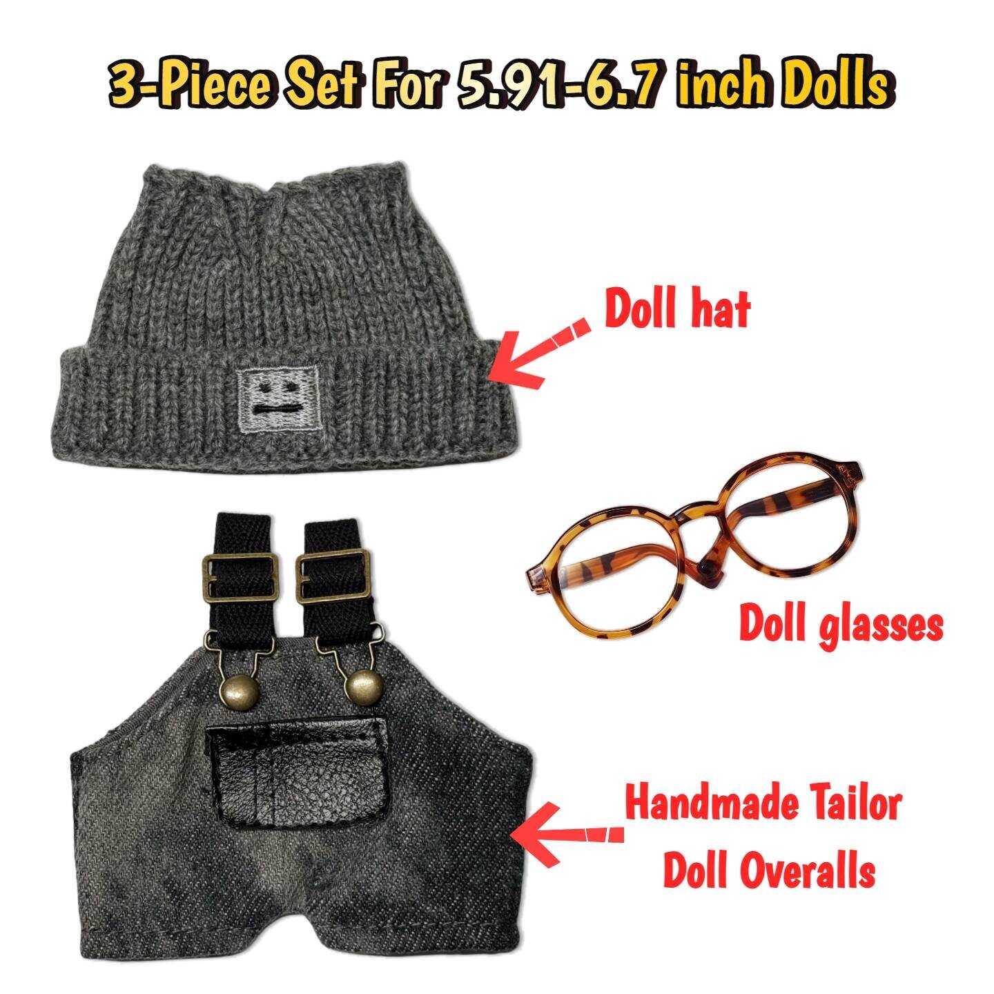 3-Piece Handmade Doll Clothes - Premium Doll Overalls Outfit with Hat & Accessories, ropa para 17cm Doll, Compatible with 5.91-6.7inch Dolls as Accessories Only