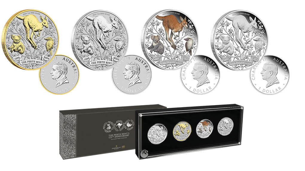 2024 Australia Perth Mint 125th Ann. Kangaroo 4 x 1 oz Silver Typeset Collection