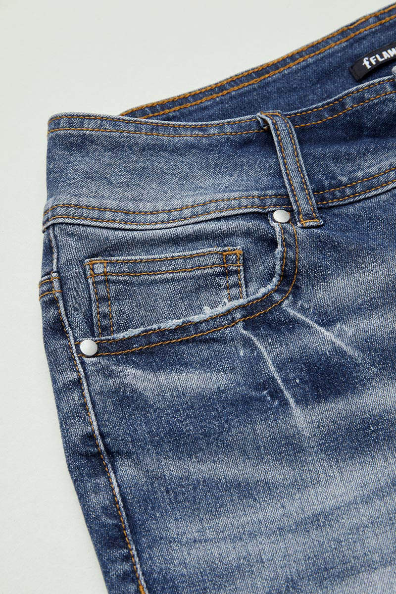 Washed Dual Button Flap Pocket Mid Waist Bootcut Jeans