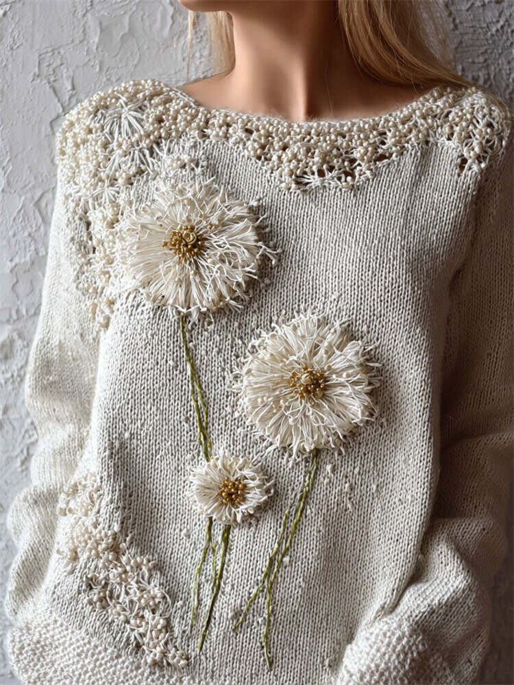 Vintage Dandelion Beaded Embroidered Cozy Knit Sweater