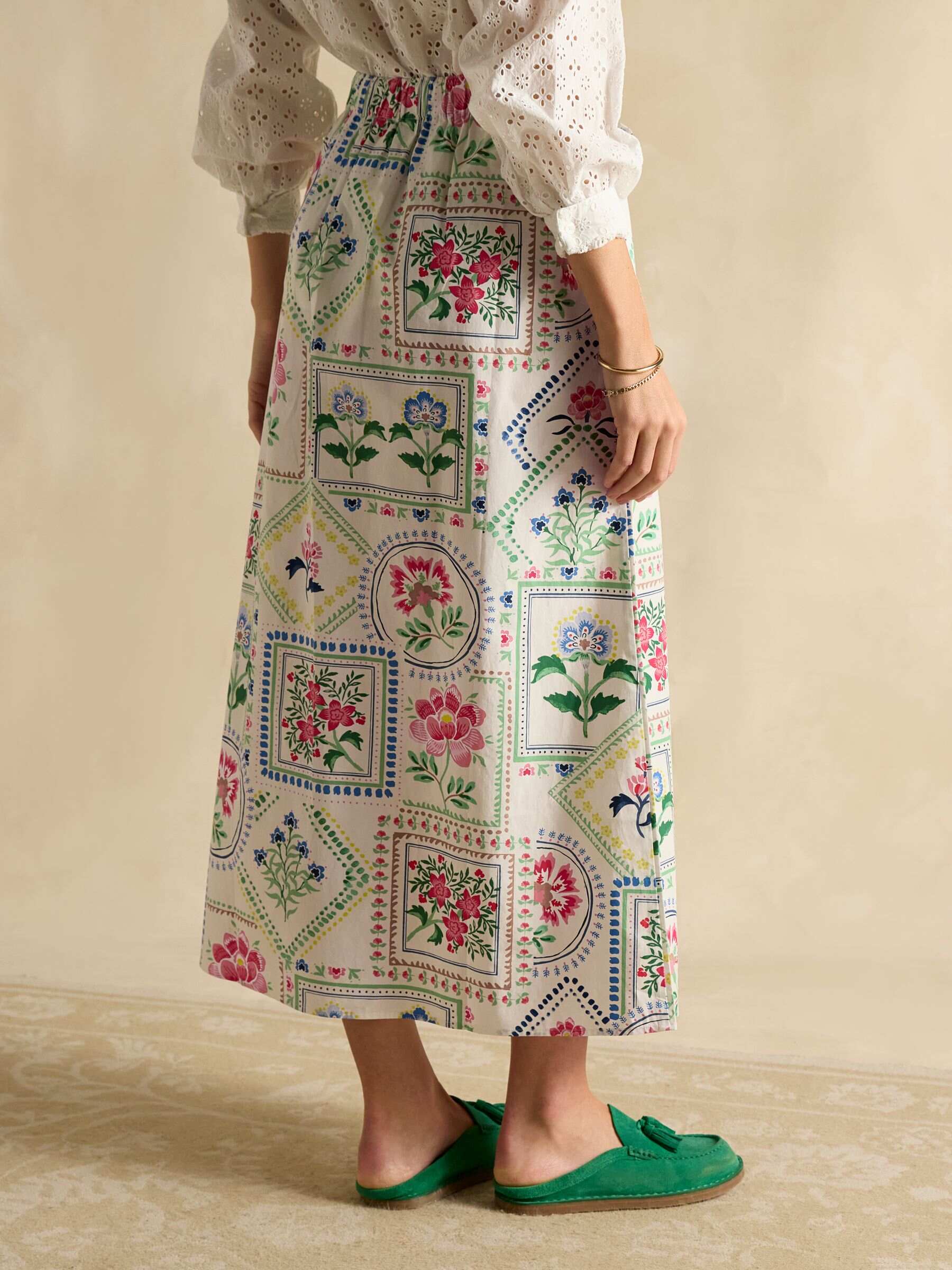 Cream Tile Print Cotton Poplin Midi Skirt