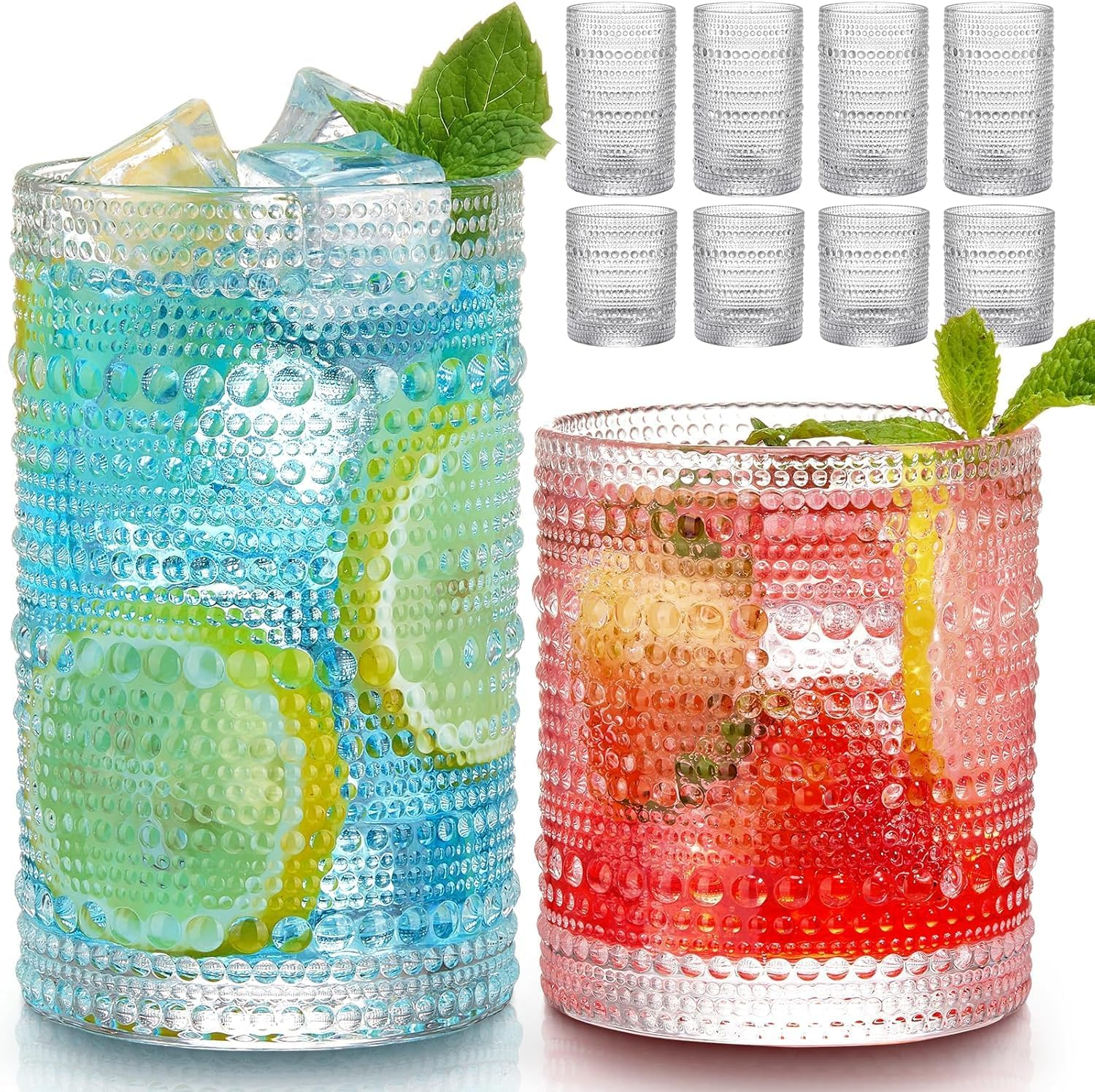 Hlukana Retro Hobnail Drinking Cup 8-Piece Set, 12 oz (about 340.2 ml) Highball Glasses and 10 oz (about 283.5 ml) Cocktail Glasses Set, Kitchen Water Cup, Bar Glass, Beer, Juice, Cocktail, Whiskey, Milk