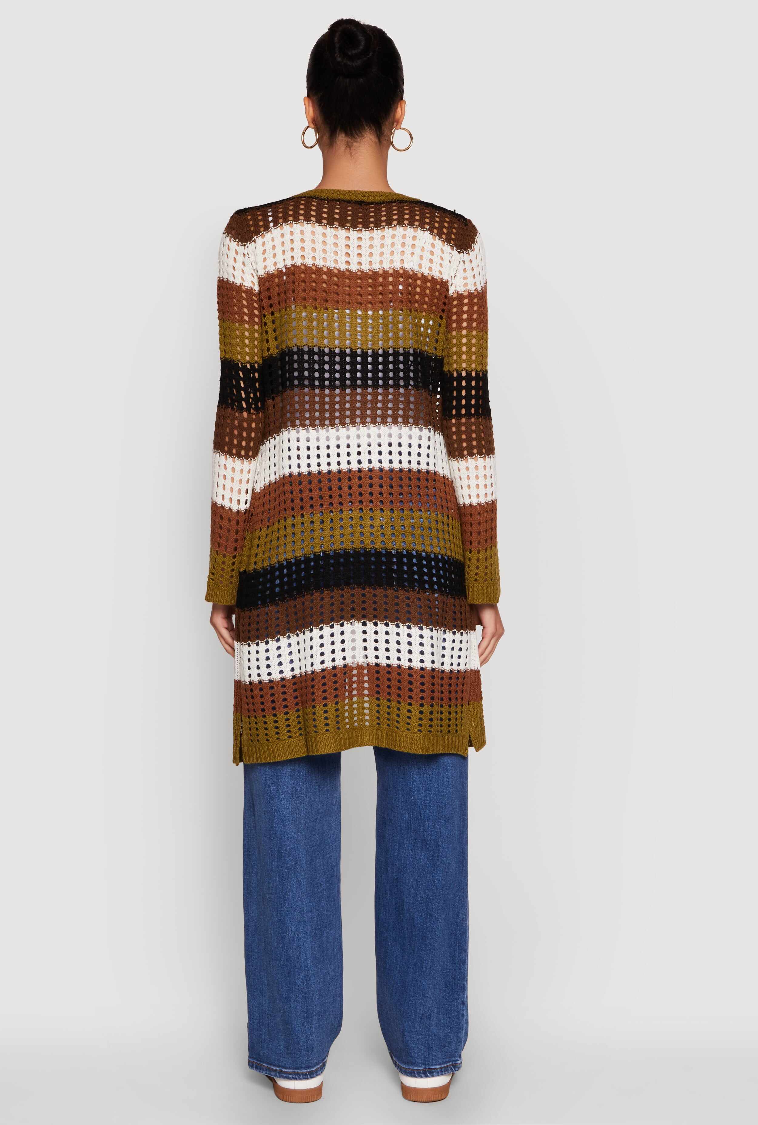 Chic Crochet Long Sleeve Striped Duster