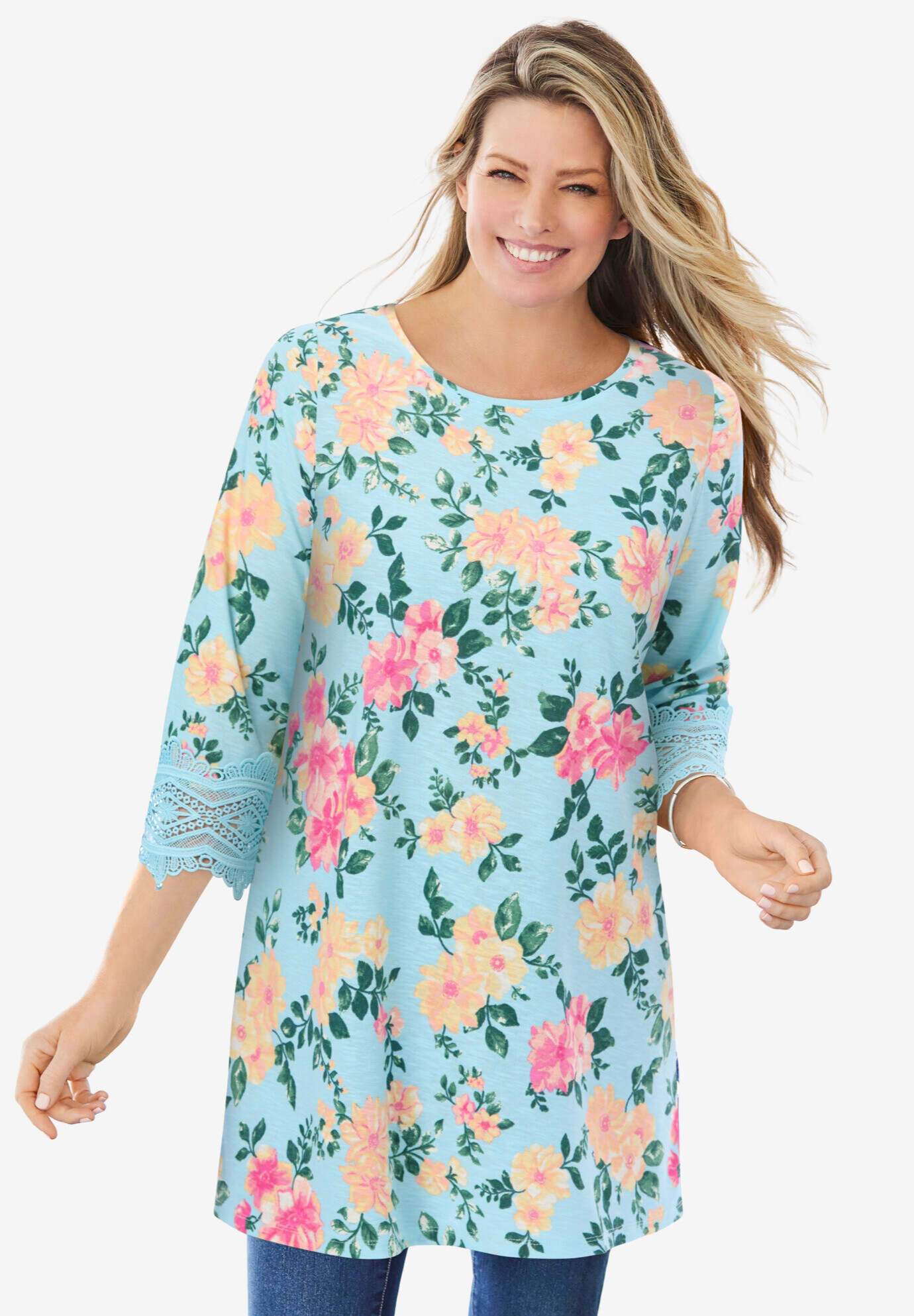 Crochet-Trim Three-Quarter Sleeve Tunic