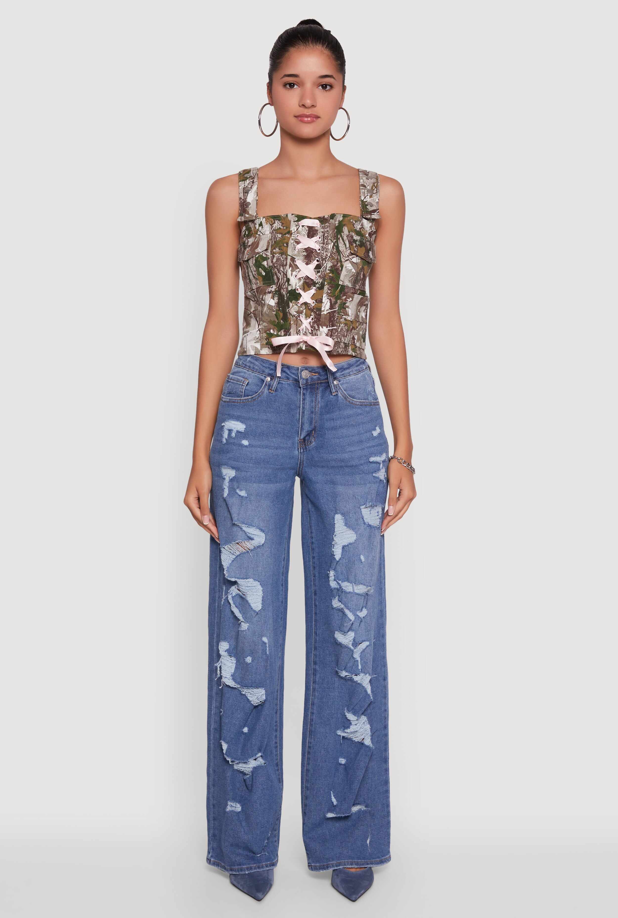Hunter Camouflage Ribbon Lace-Up Crop Top