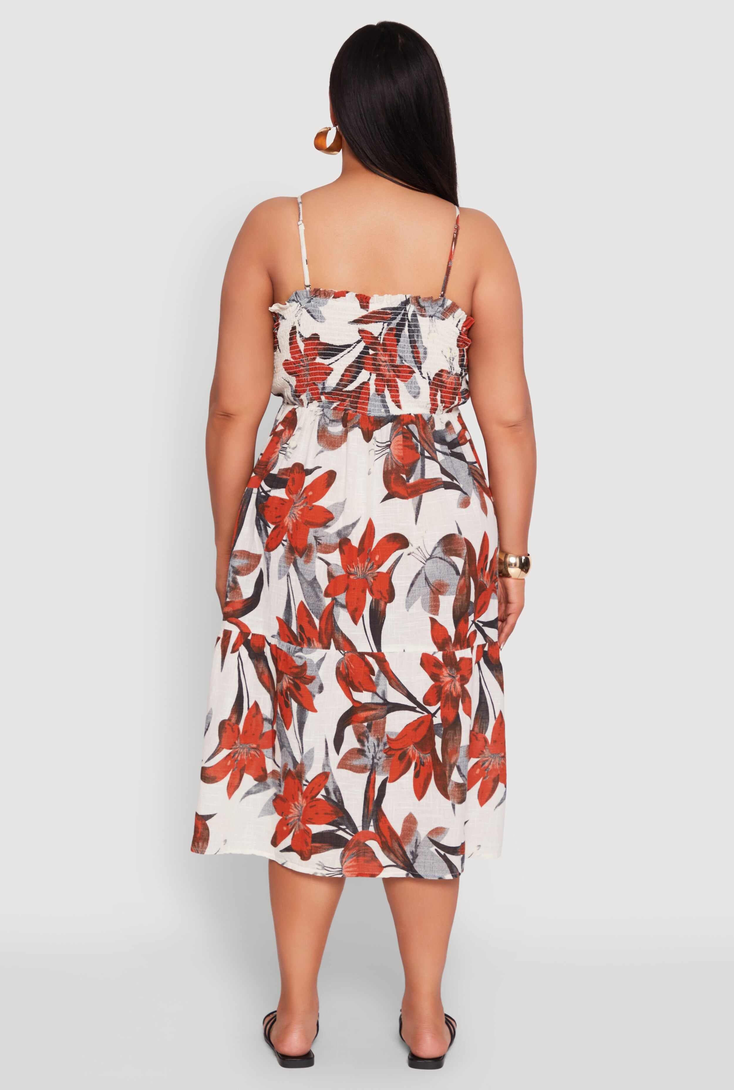 Plus Size Floral Print Smocked Tiered Midi Dress
