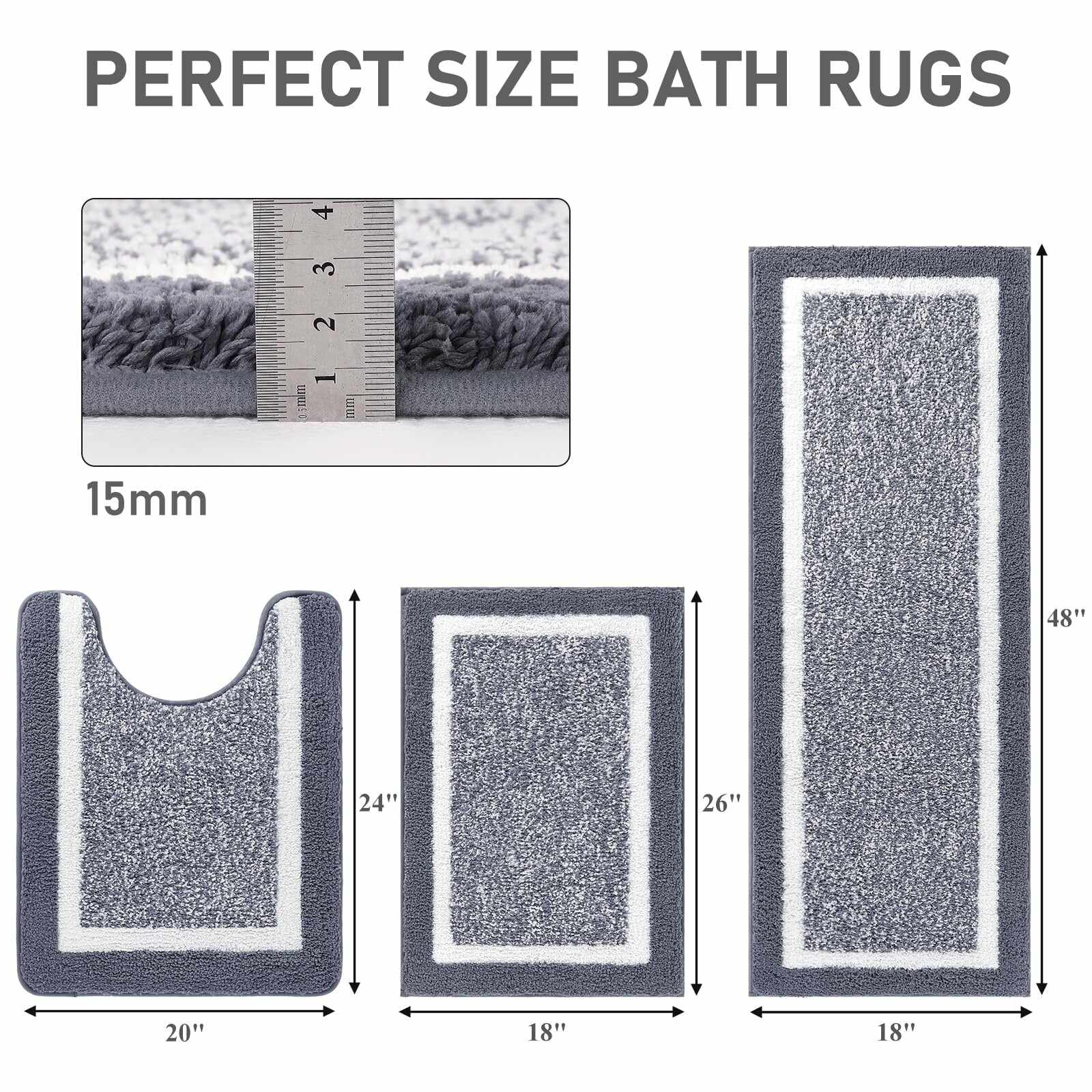 3 Piece Bath Mat Set Bathroom Rugs,Non Slip Plush Bathroom Mats,Absorbent Shaggy Bathroom Rug Set with U-Shaped Contour Toilet