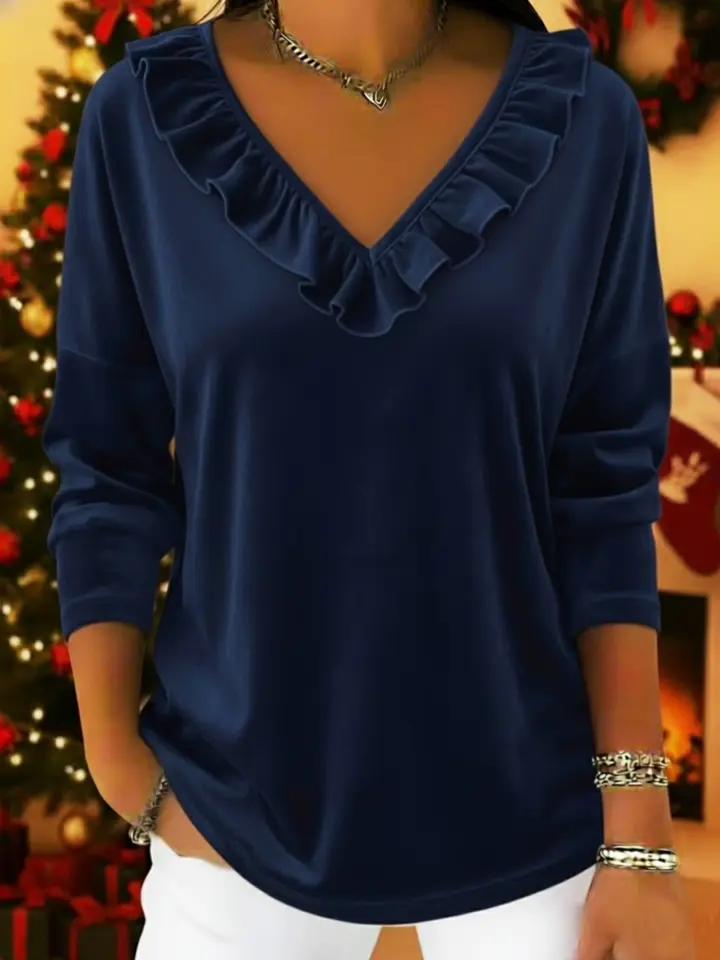 🔥Summer Arrivals🌟Retro Christmas Velvet V-neck Ruffled Pullover Top