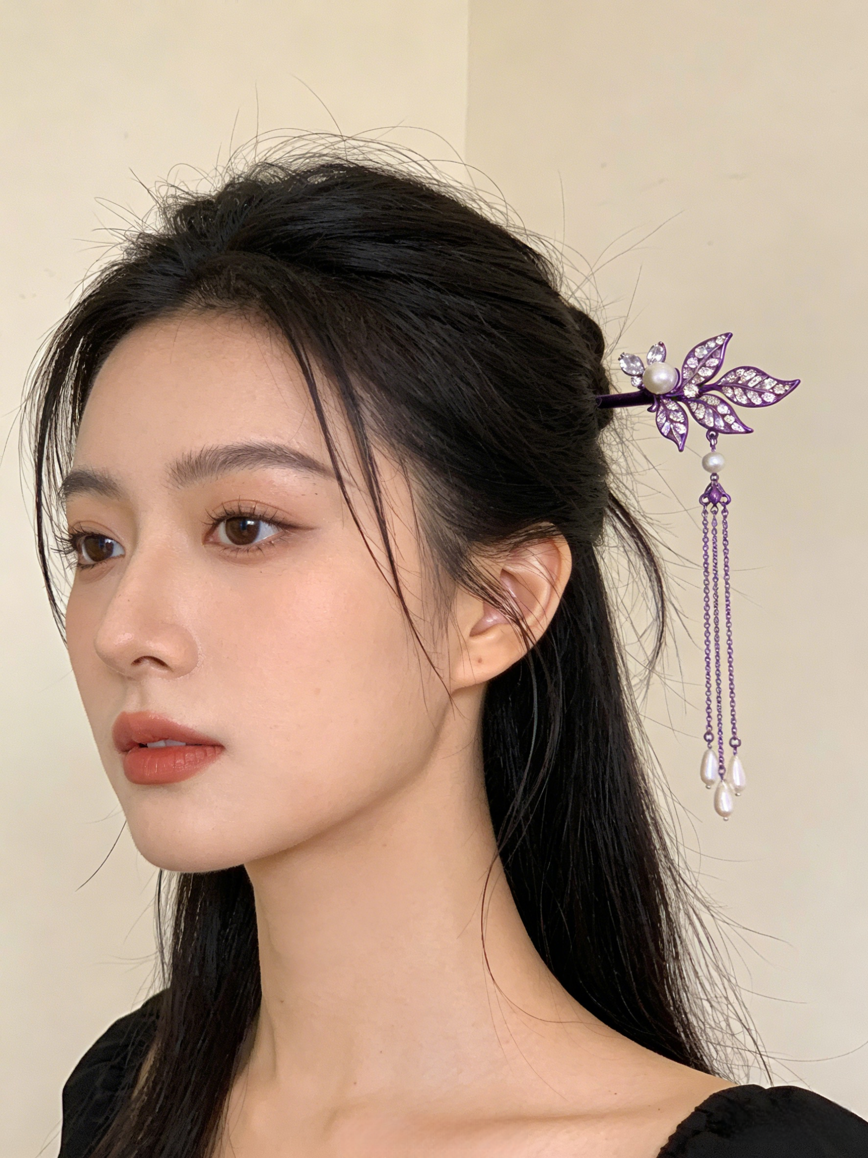 Elegant Purple Alloy Zircon Pearl Leaf Tassel Hairpin