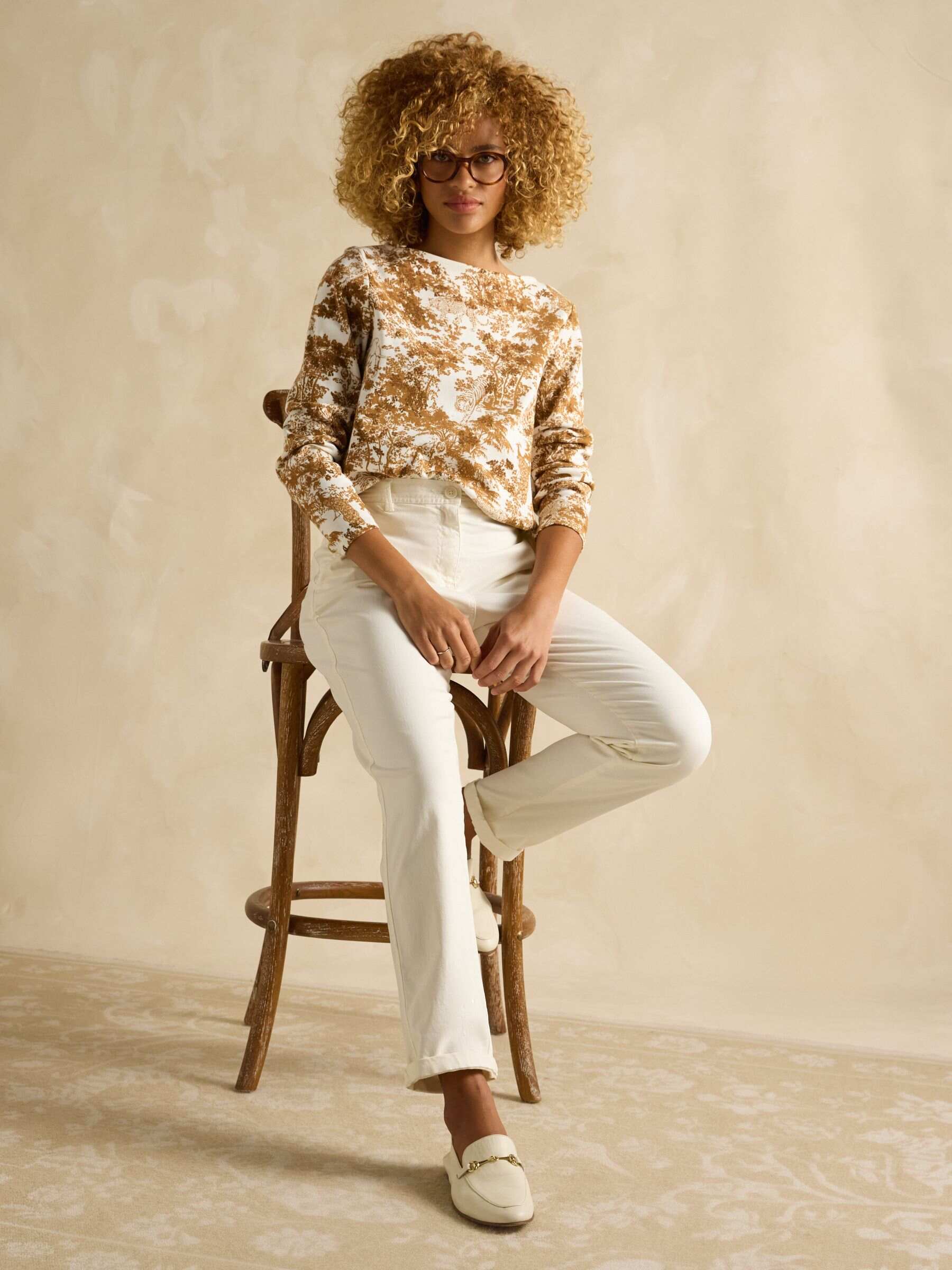 Harbour Tan & Cream Toile de Jouy Boat Neck Printed Top