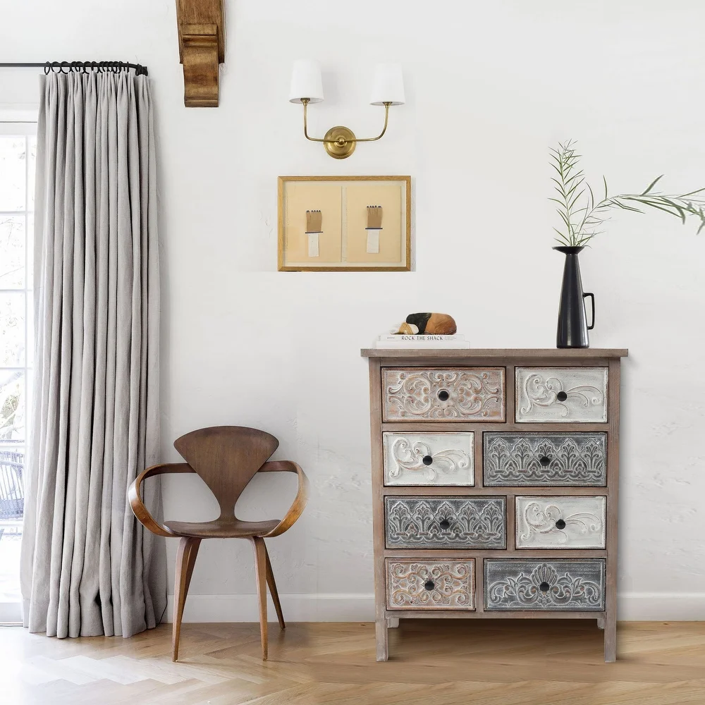 The Curated Nomad Brewa Varied Rustic Carved Wood 8-Drawer Chest - 32.09